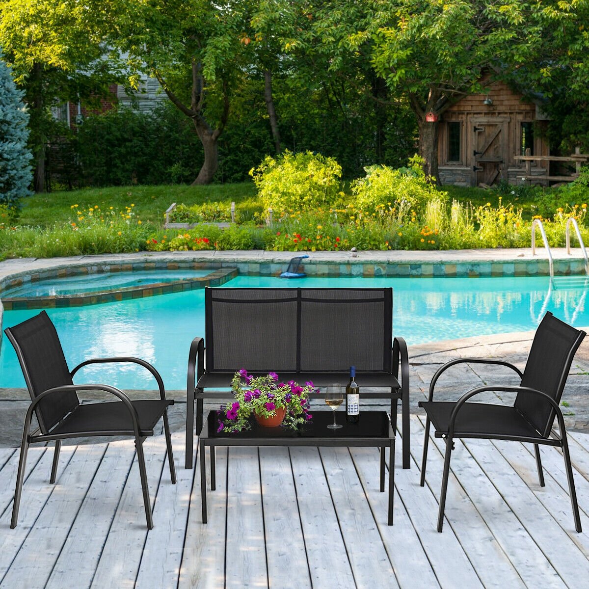 4 Pieces Patio Furniture Set with Glass Top Coffee Table, Black Patio Conversation Sets   at Gallery Canada