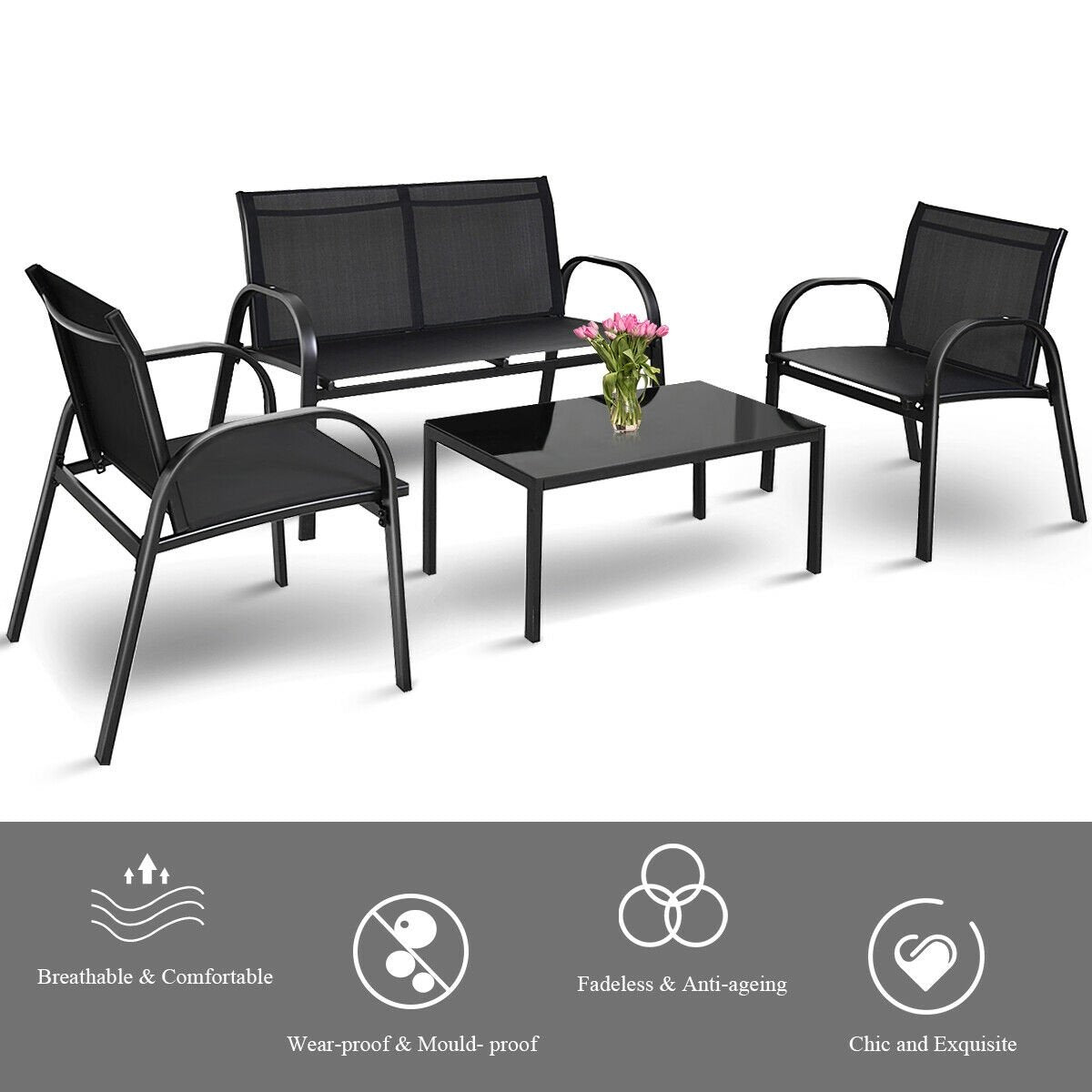 4 Pieces Patio Furniture Set with Glass Top Coffee Table, Black Patio Conversation Sets   at Gallery Canada