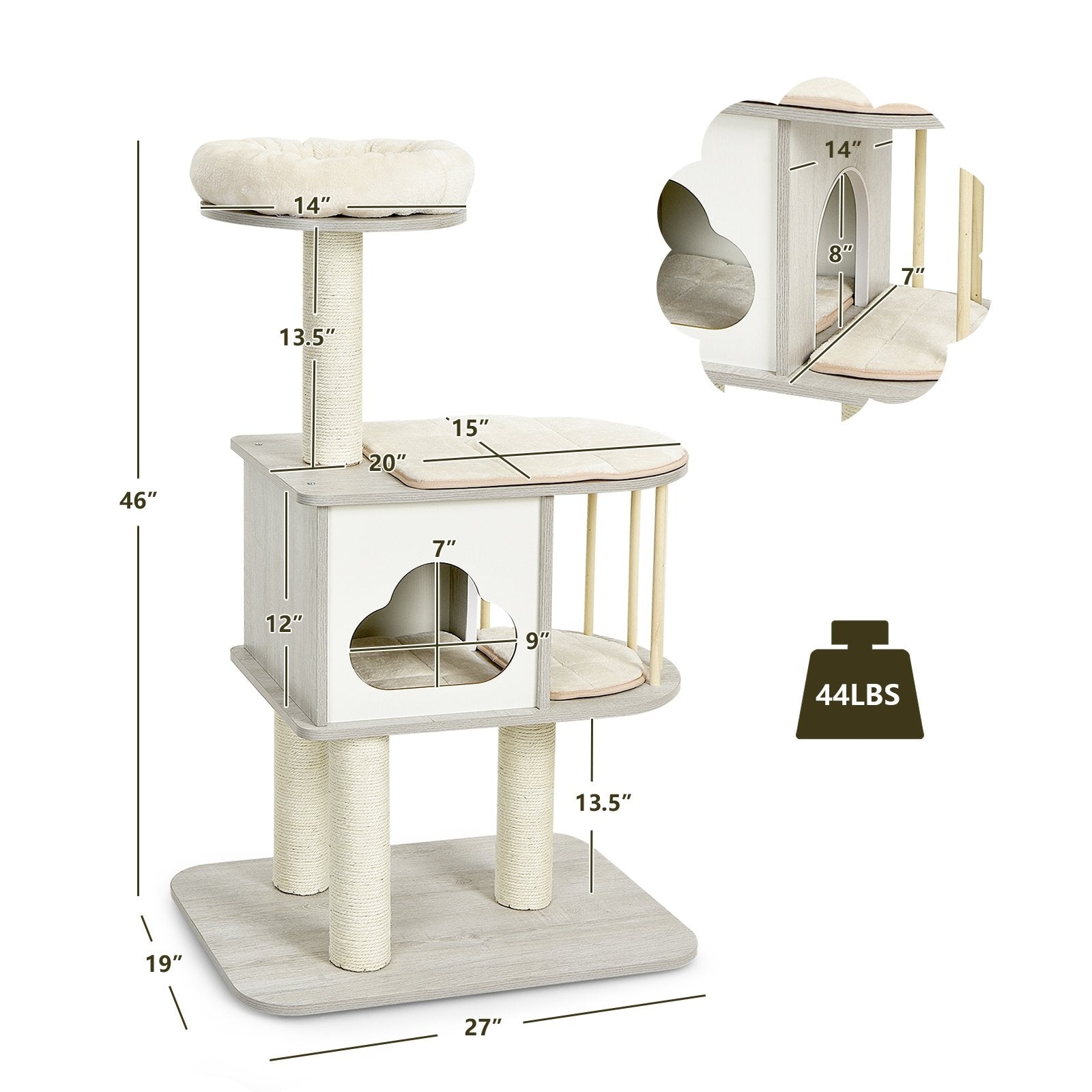 46 Inch Wooden Cat Activity Tree with Platform and Cushionsfor for Cats and Kittens, Gray - Gallery Canada