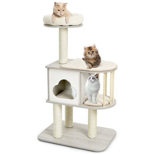 46 Inch Wooden Cat Activity Tree with Platform and Cushionsfor for Cats and Kittens, Gray