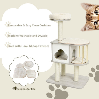 46 Inch Wooden Cat Activity Tree with Platform and Cushionsfor for Cats and Kittens, Gray - Gallery Canada