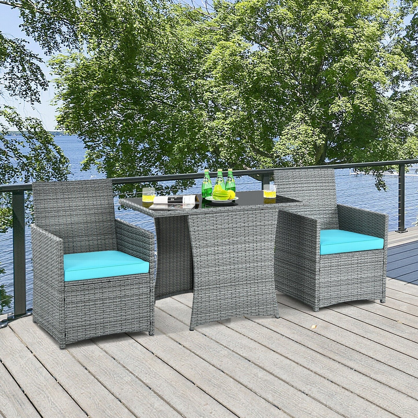 3 Pieces Patio Rattan Furniture Set with Cushioned Armrest Sofa, Turquoise Patio Conversation Sets   at Gallery Canada