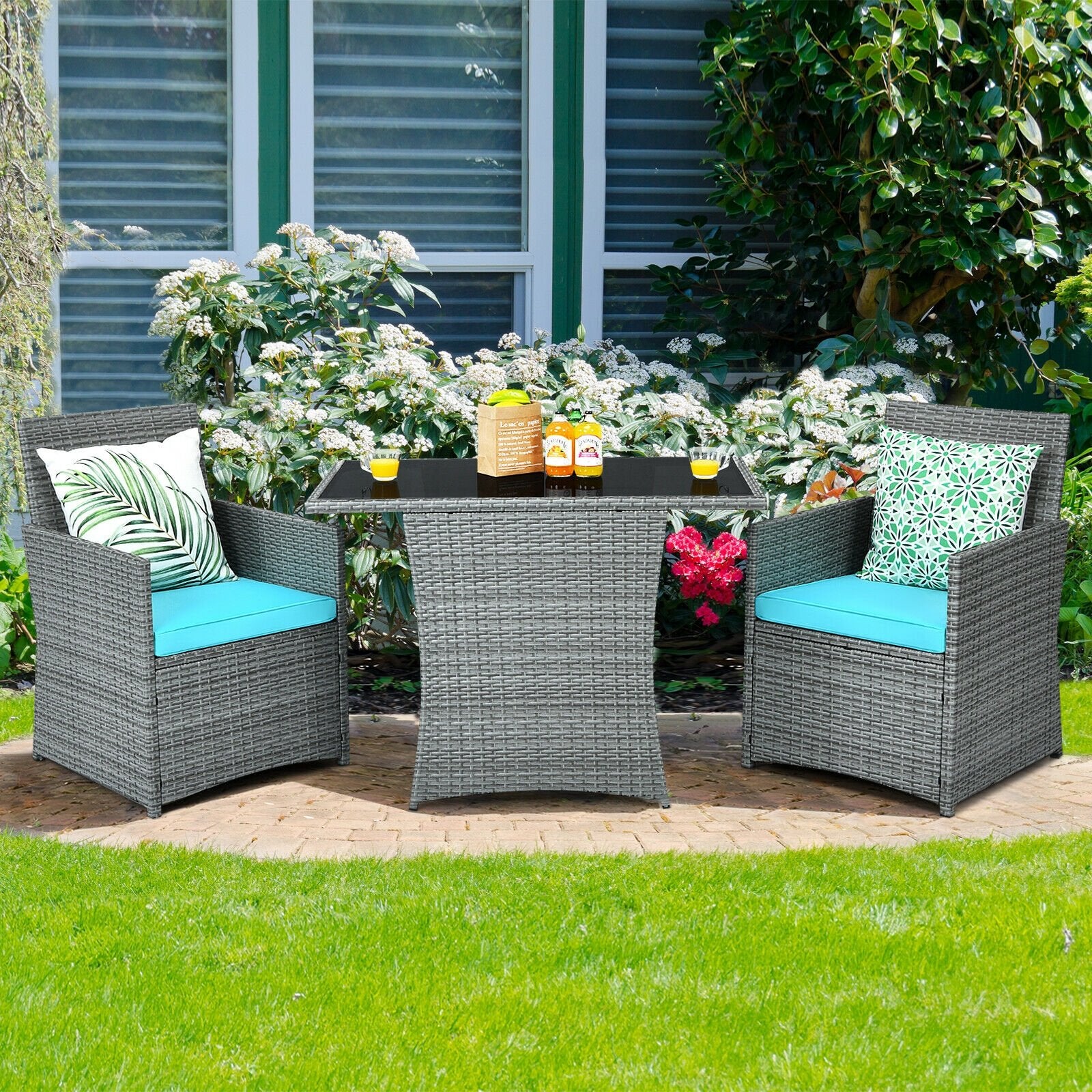 3 Pieces Patio Rattan Furniture Set with Cushioned Armrest Sofa, Turquoise Patio Conversation Sets   at Gallery Canada