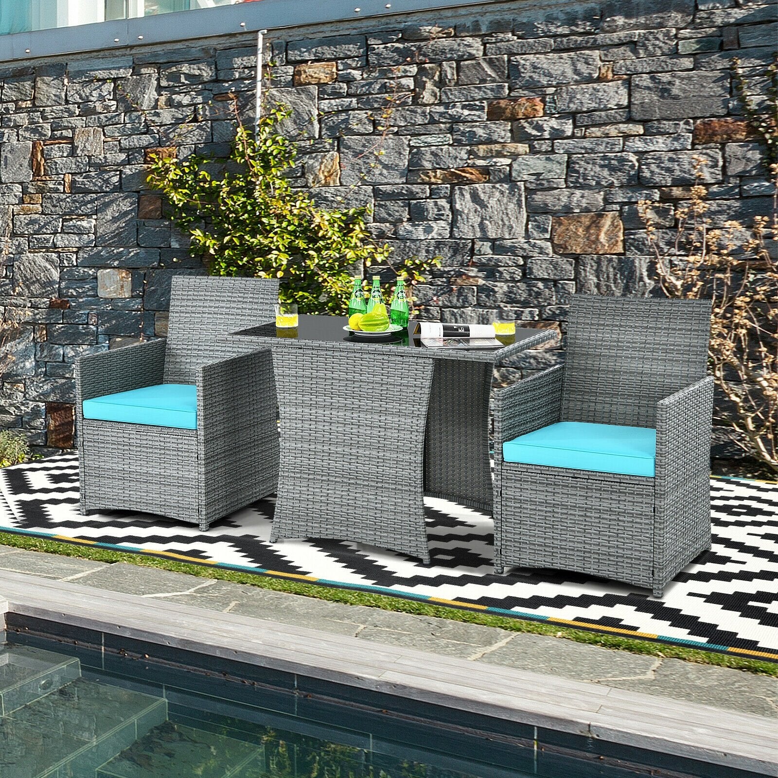 3 Pieces Patio Rattan Furniture Set with Cushioned Armrest Sofa, Turquoise Patio Conversation Sets   at Gallery Canada