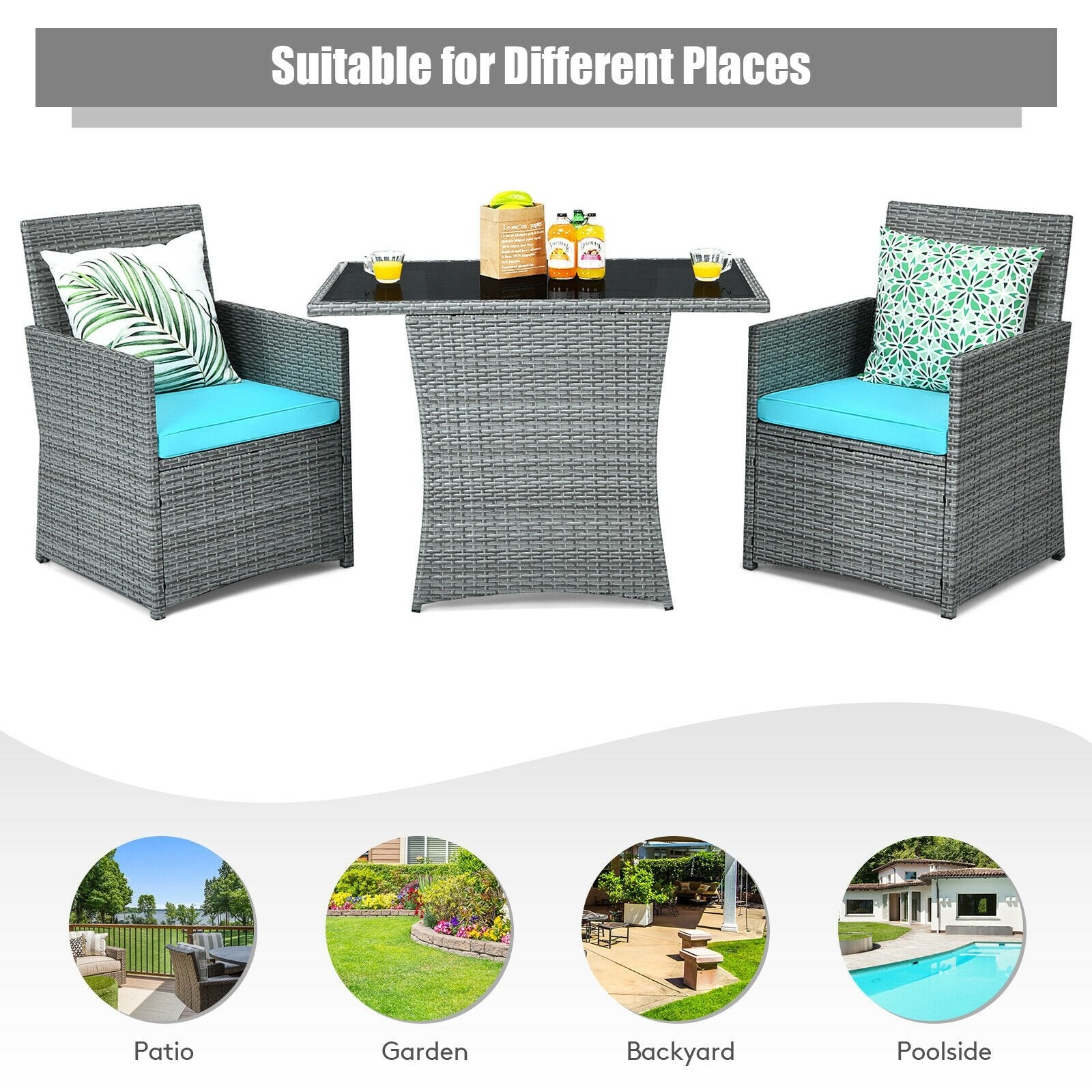 3 Pieces Patio Rattan Furniture Set with Cushioned Armrest Sofa, Turquoise Patio Conversation Sets   at Gallery Canada