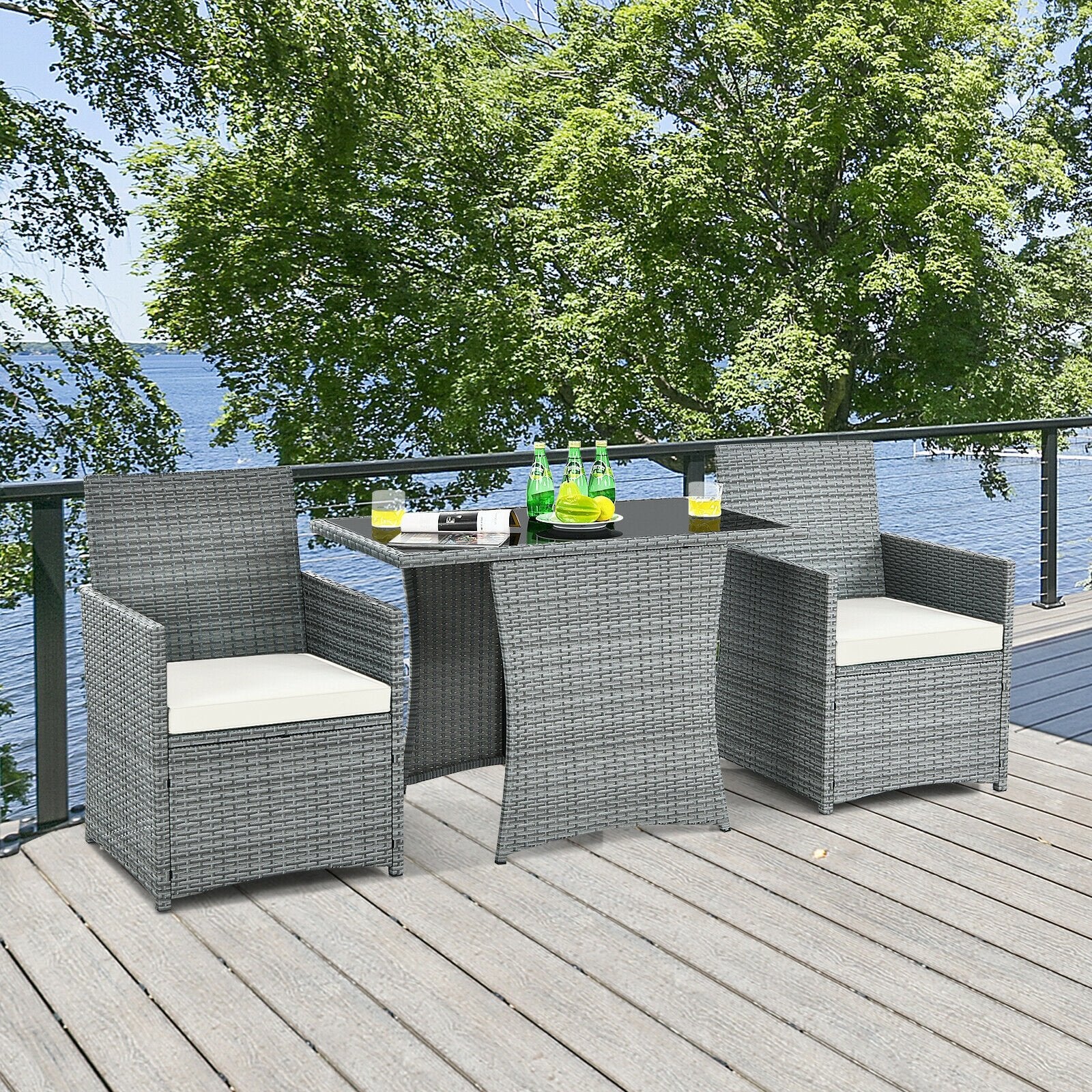 3 Pieces Patio Rattan Furniture Set with Cushioned Armrest Sofa, White Patio Conversation Sets   at Gallery Canada