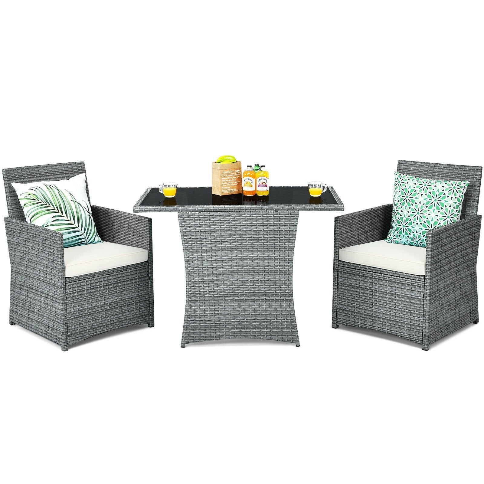 3 Pieces Patio Rattan Furniture Set with Cushioned Armrest Sofa, White Patio Conversation Sets   at Gallery Canada