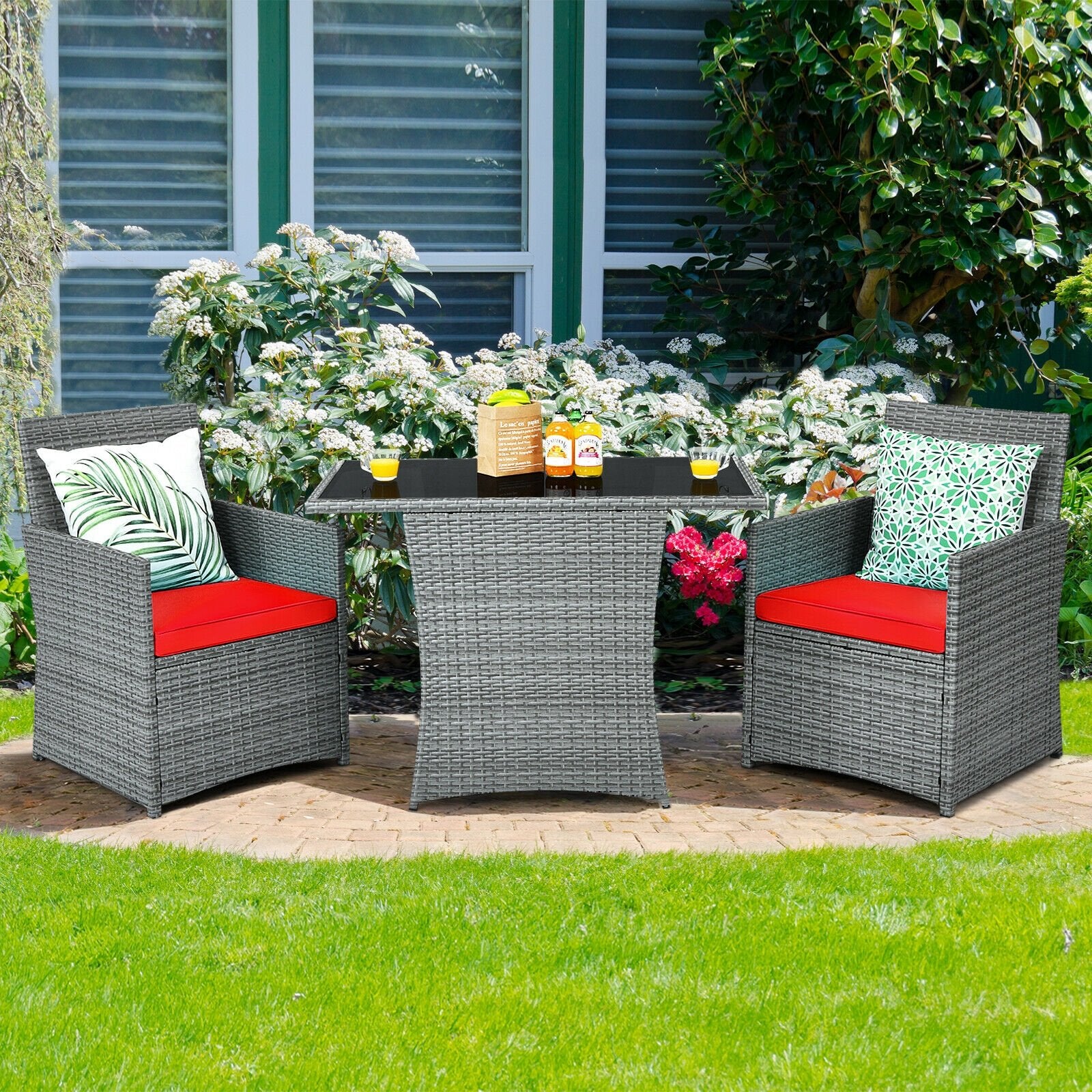 3 Pieces Patio Rattan Furniture Set with Cushioned Armrest Sofa, Red Patio Conversation Sets   at Gallery Canada