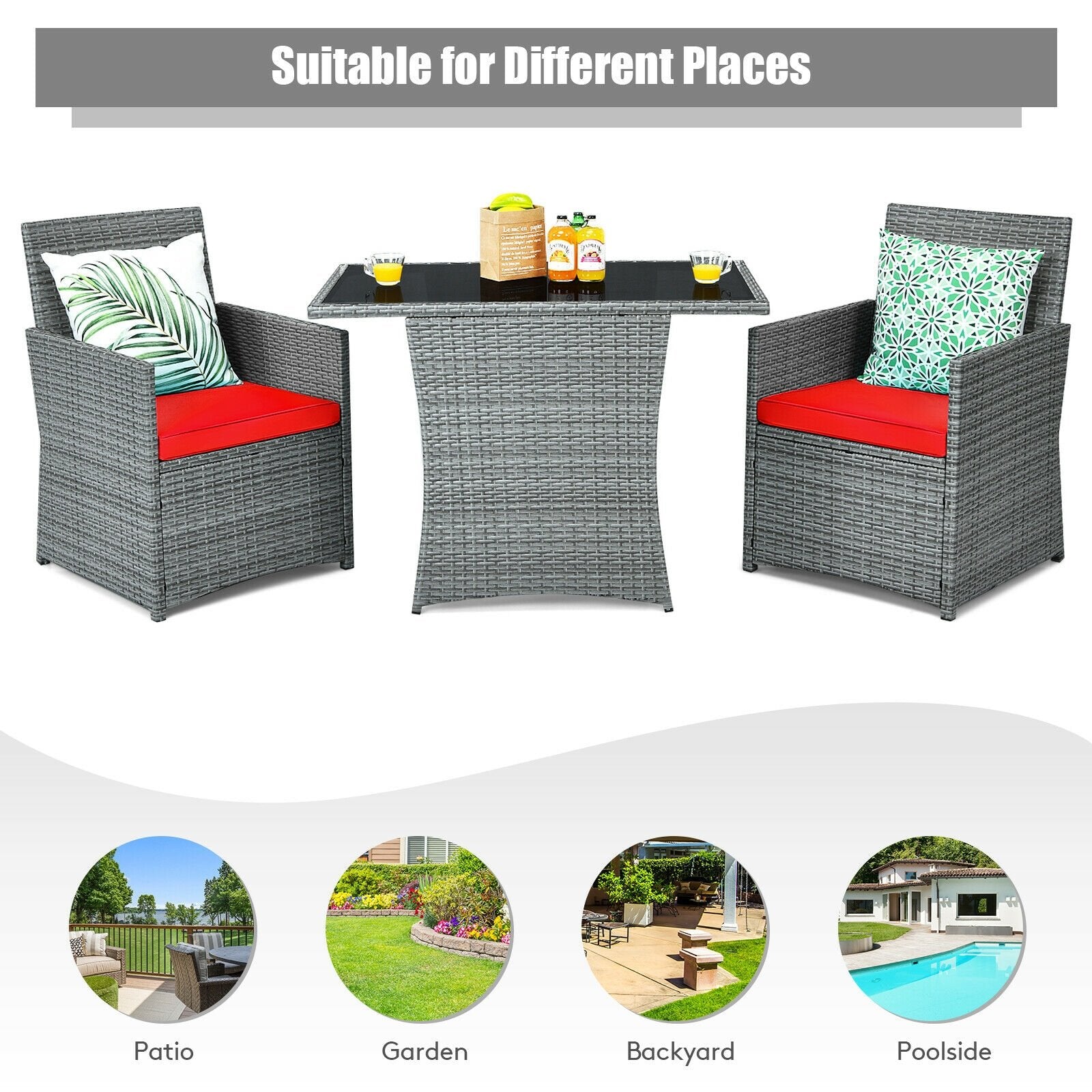 3 Pieces Patio Rattan Furniture Set with Cushioned Armrest Sofa, Red Patio Conversation Sets   at Gallery Canada