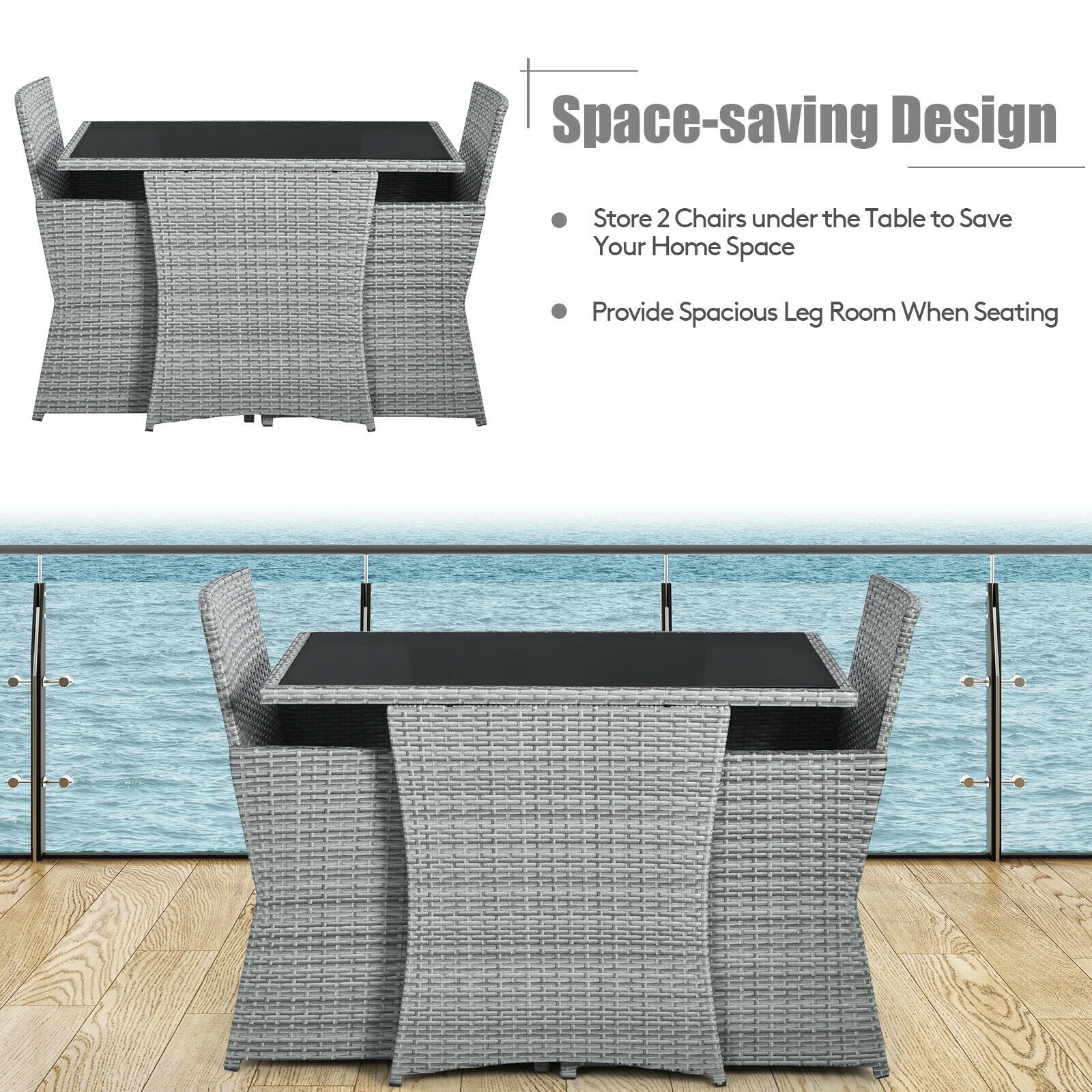 3 Pieces Patio Rattan Furniture Set with Cushioned Armrest Sofa, Gray Patio Conversation Sets   at Gallery Canada