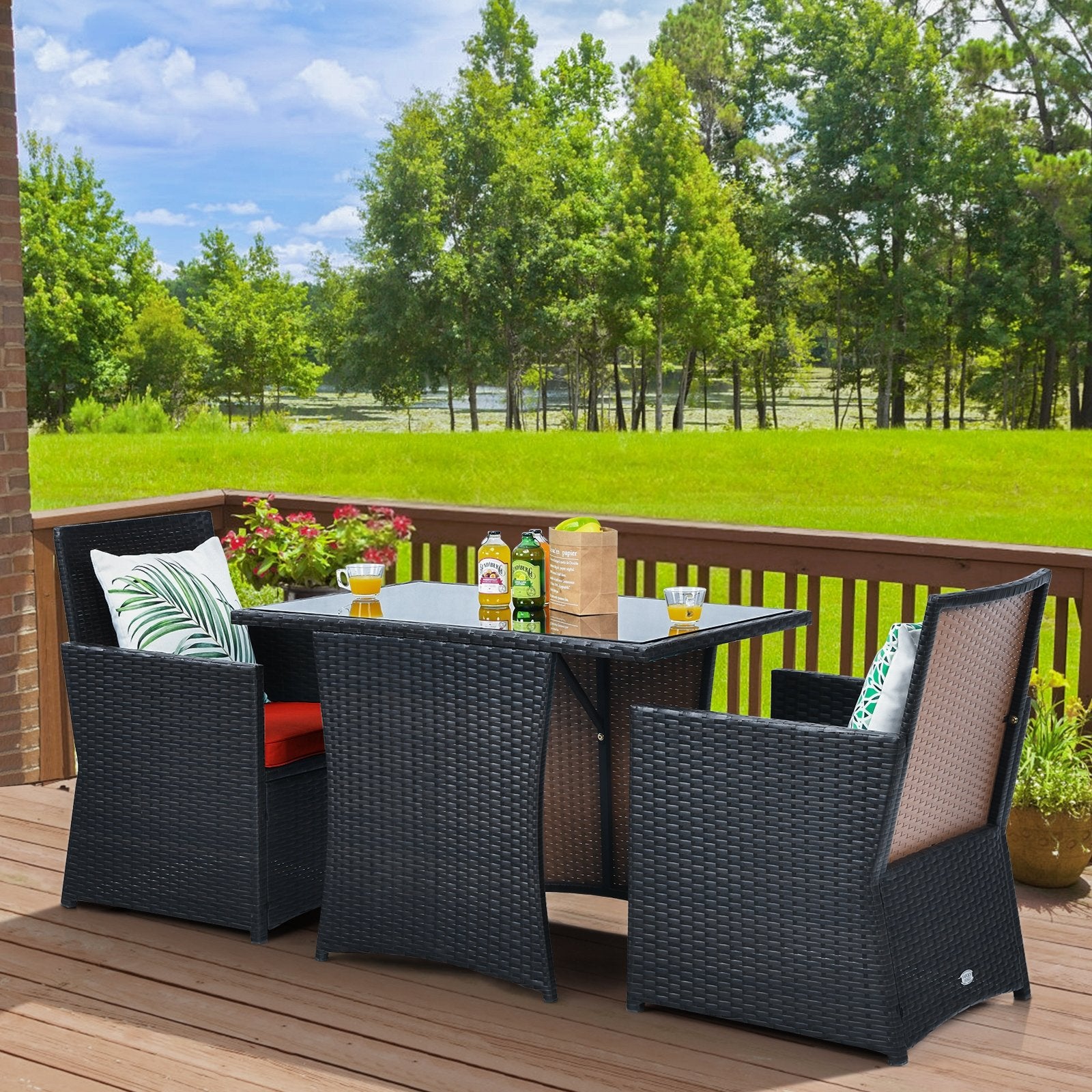 3 Pieces Patio Rattan Furniture Set with Cushion and Sofa Armrest, Red Patio Conversation Sets   at Gallery Canada