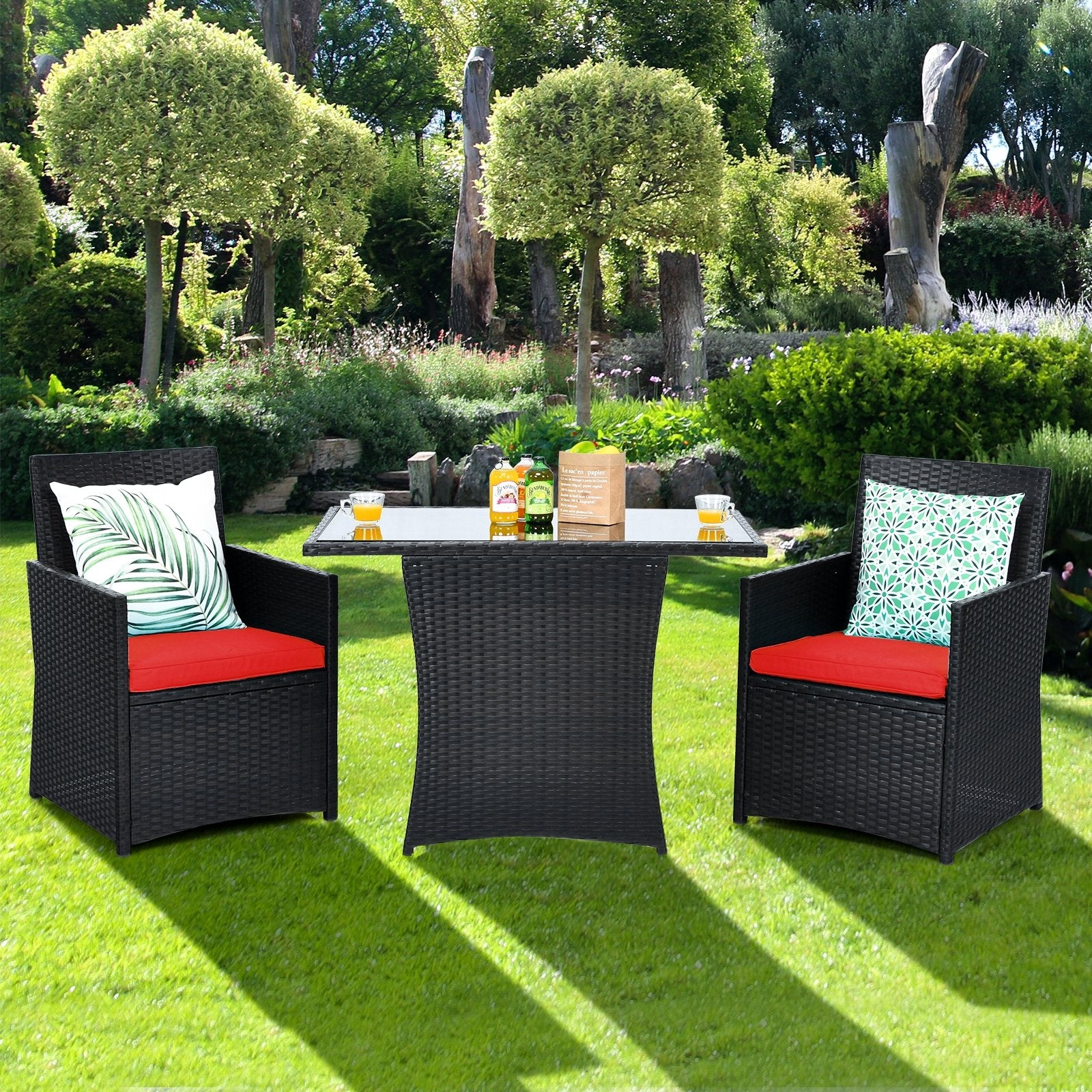 3 Pieces Patio Rattan Furniture Set with Cushion and Sofa Armrest, Red Patio Conversation Sets   at Gallery Canada