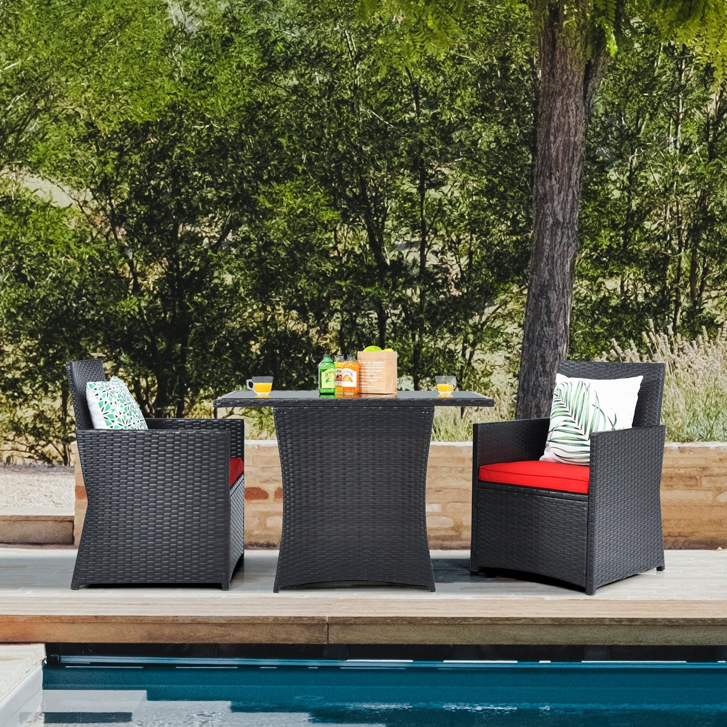 3 Pieces Patio Rattan Furniture Set with Cushion and Sofa Armrest, Red Patio Conversation Sets   at Gallery Canada