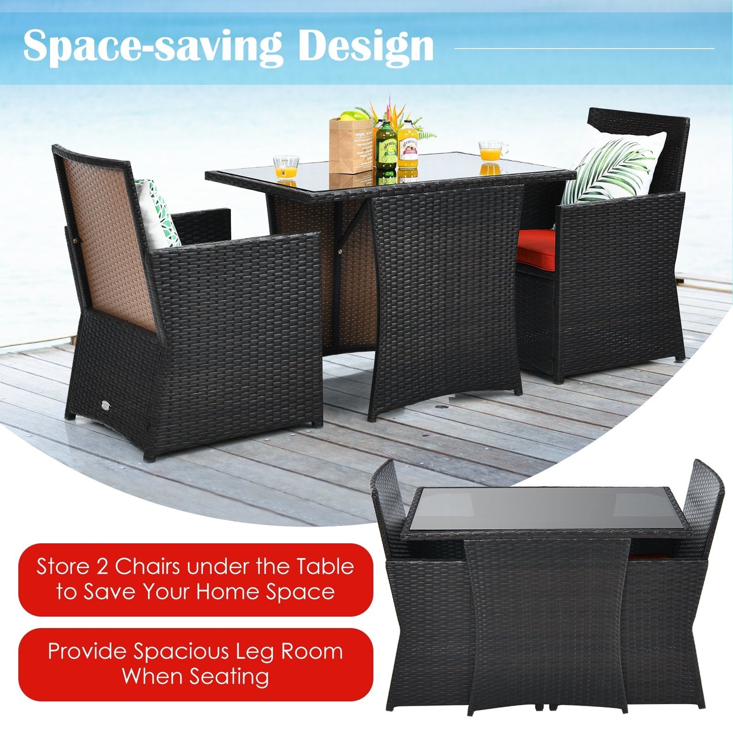 3 Pieces Patio Rattan Furniture Set with Cushion and Sofa Armrest, Red Patio Conversation Sets   at Gallery Canada