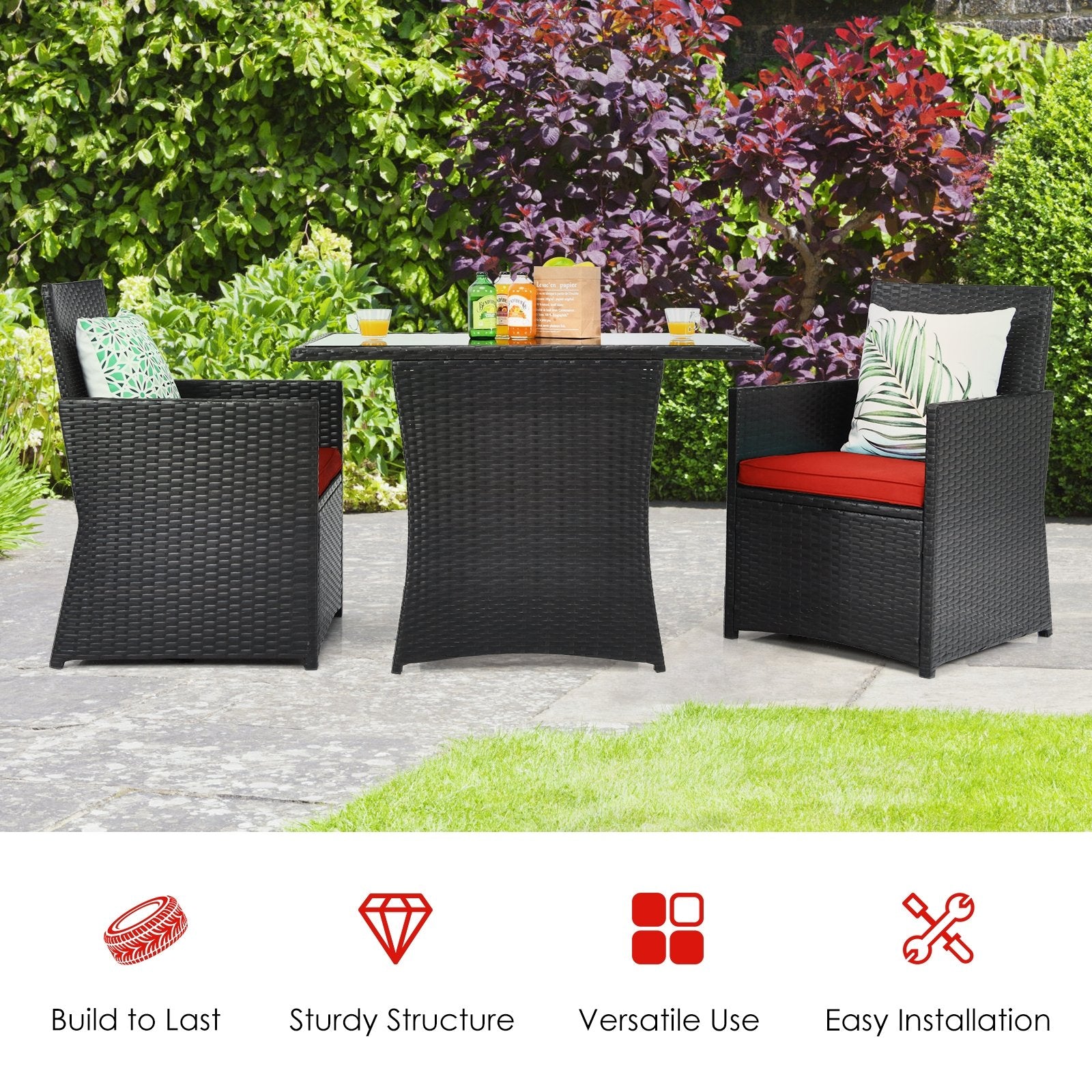 3 Pieces Patio Rattan Furniture Set with Cushion and Sofa Armrest, Red Patio Conversation Sets   at Gallery Canada