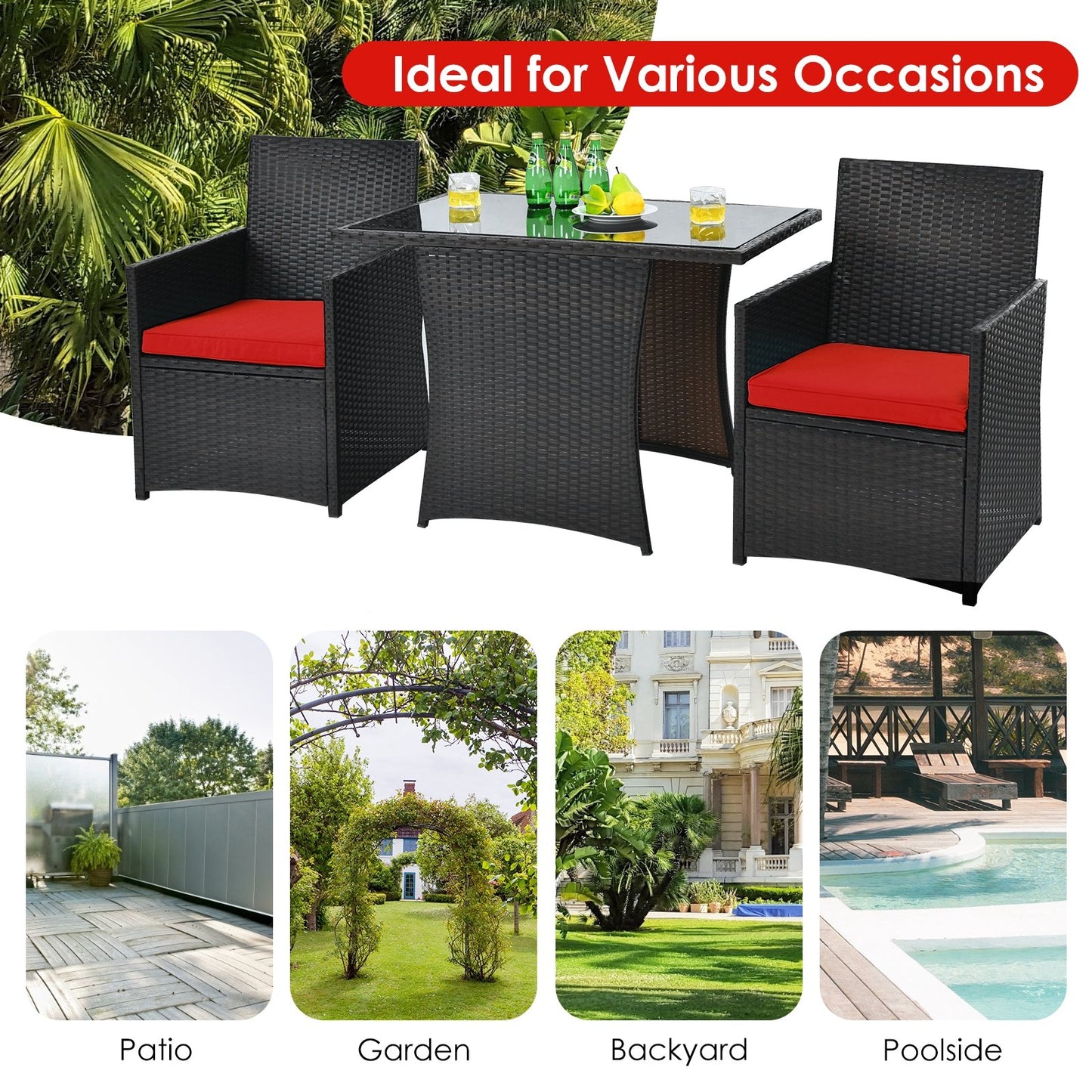 3 Pieces Patio Rattan Furniture Set with Cushion and Sofa Armrest, Red Patio Conversation Sets   at Gallery Canada