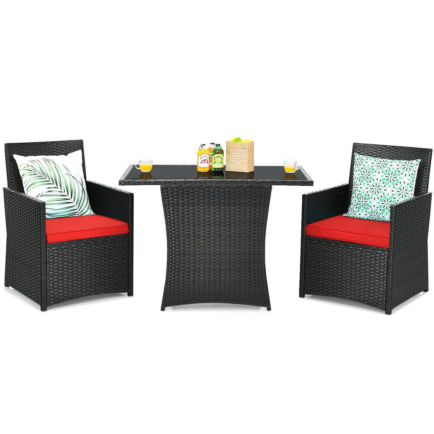 3 Pieces Patio Rattan Furniture Set with Cushion and Sofa Armrest, Red Patio Conversation Sets   at Gallery Canada