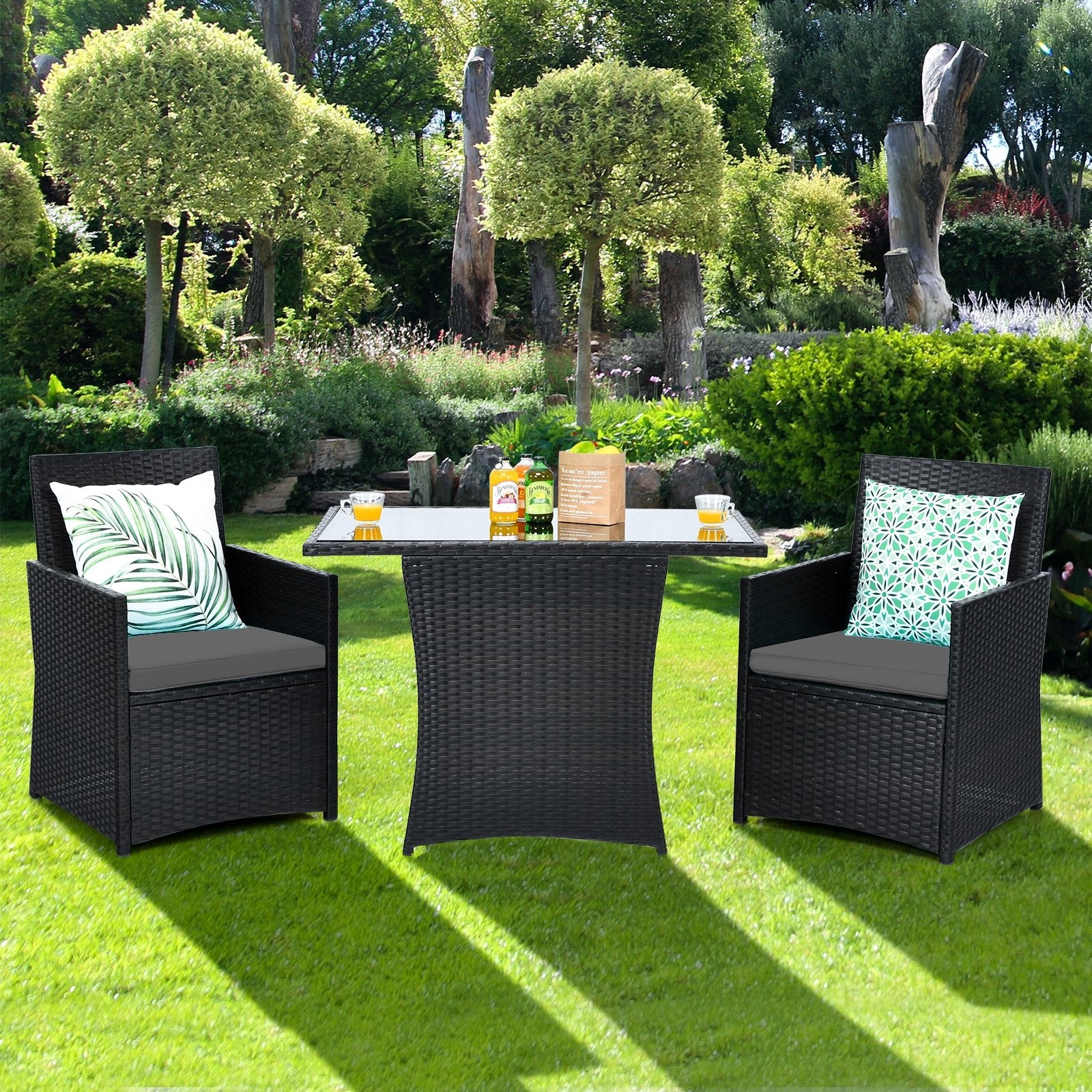 3 Pieces Patio Rattan Furniture Set with Cushion and Sofa Armrest, Gray Patio Conversation Sets   at Gallery Canada