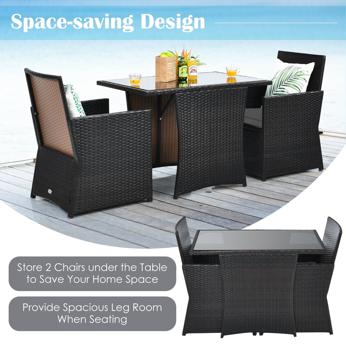 3 Pieces Patio Rattan Furniture Set with Cushion and Sofa Armrest, Gray Patio Conversation Sets   at Gallery Canada