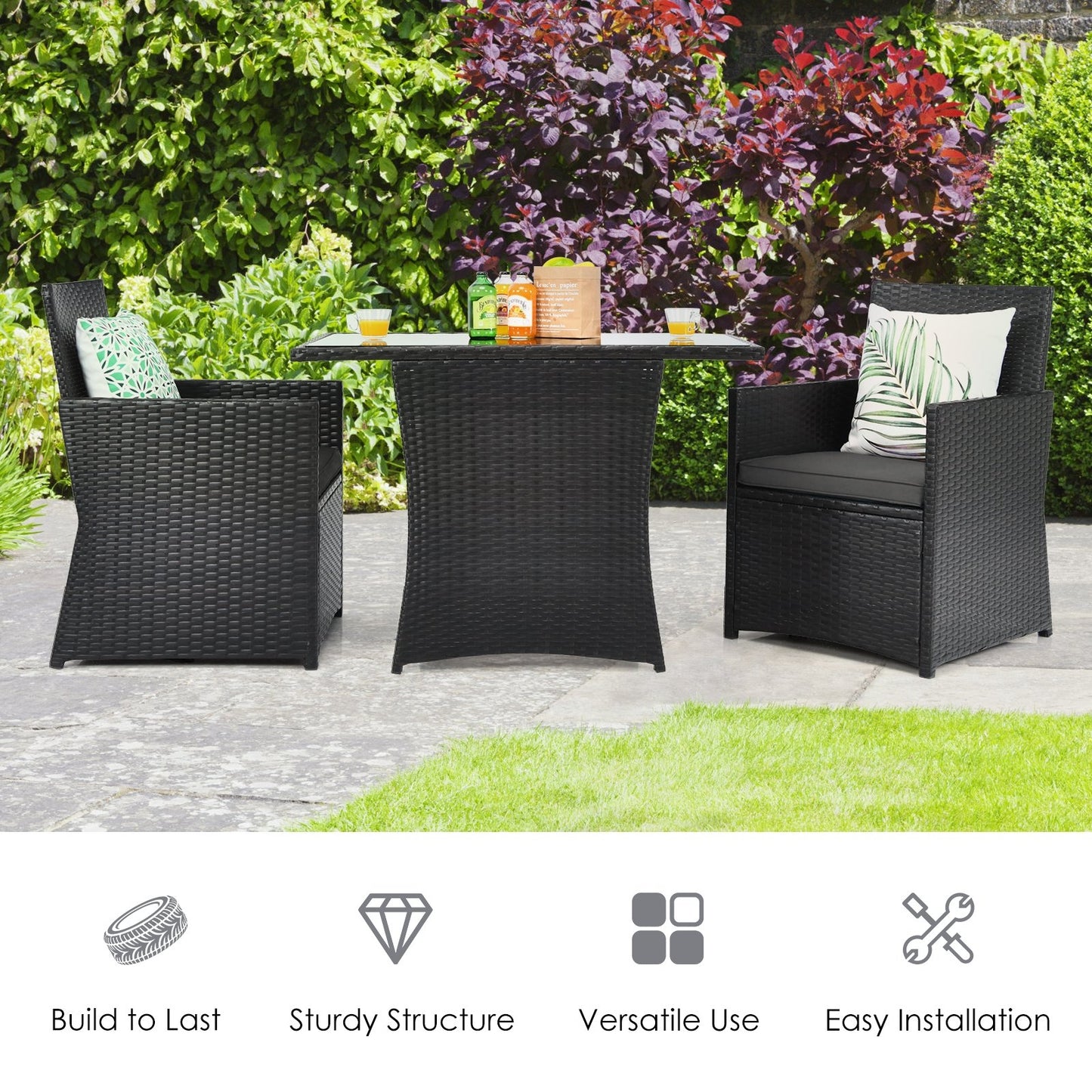 3 Pieces Patio Rattan Furniture Set with Cushion and Sofa Armrest, Gray Patio Conversation Sets   at Gallery Canada