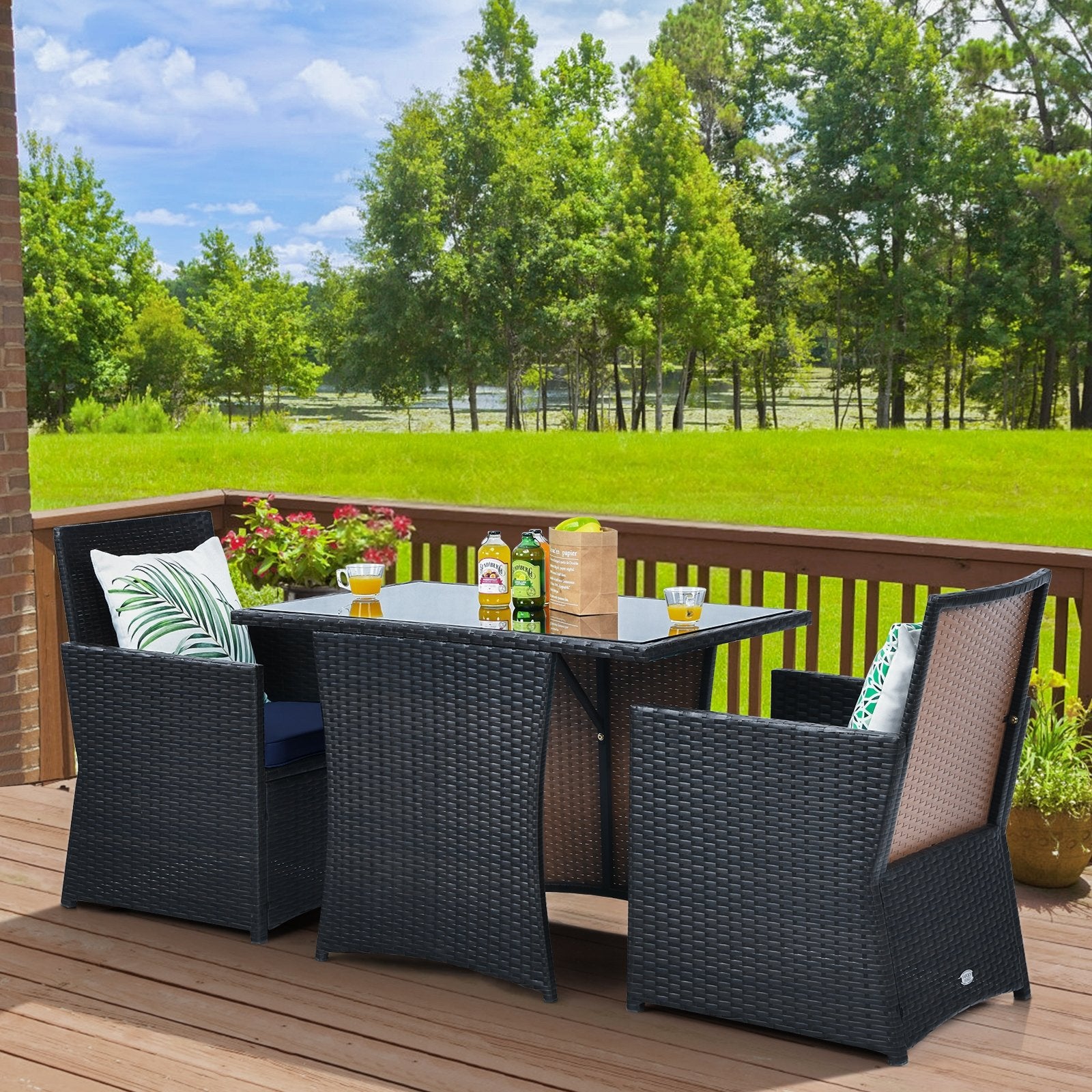 3 Pieces Patio Rattan Furniture Set with Cushion and Sofa Armrest, Navy Patio Conversation Sets   at Gallery Canada