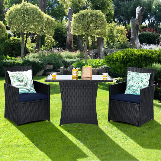 3 Pieces Patio Rattan Furniture Set with Cushion and Sofa Armrest, Navy Patio Conversation Sets   at Gallery Canada