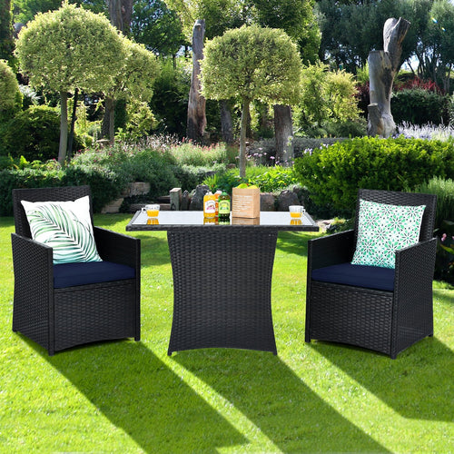 3 Pieces Patio Rattan Furniture Set with Cushion and Sofa Armrest, Navy