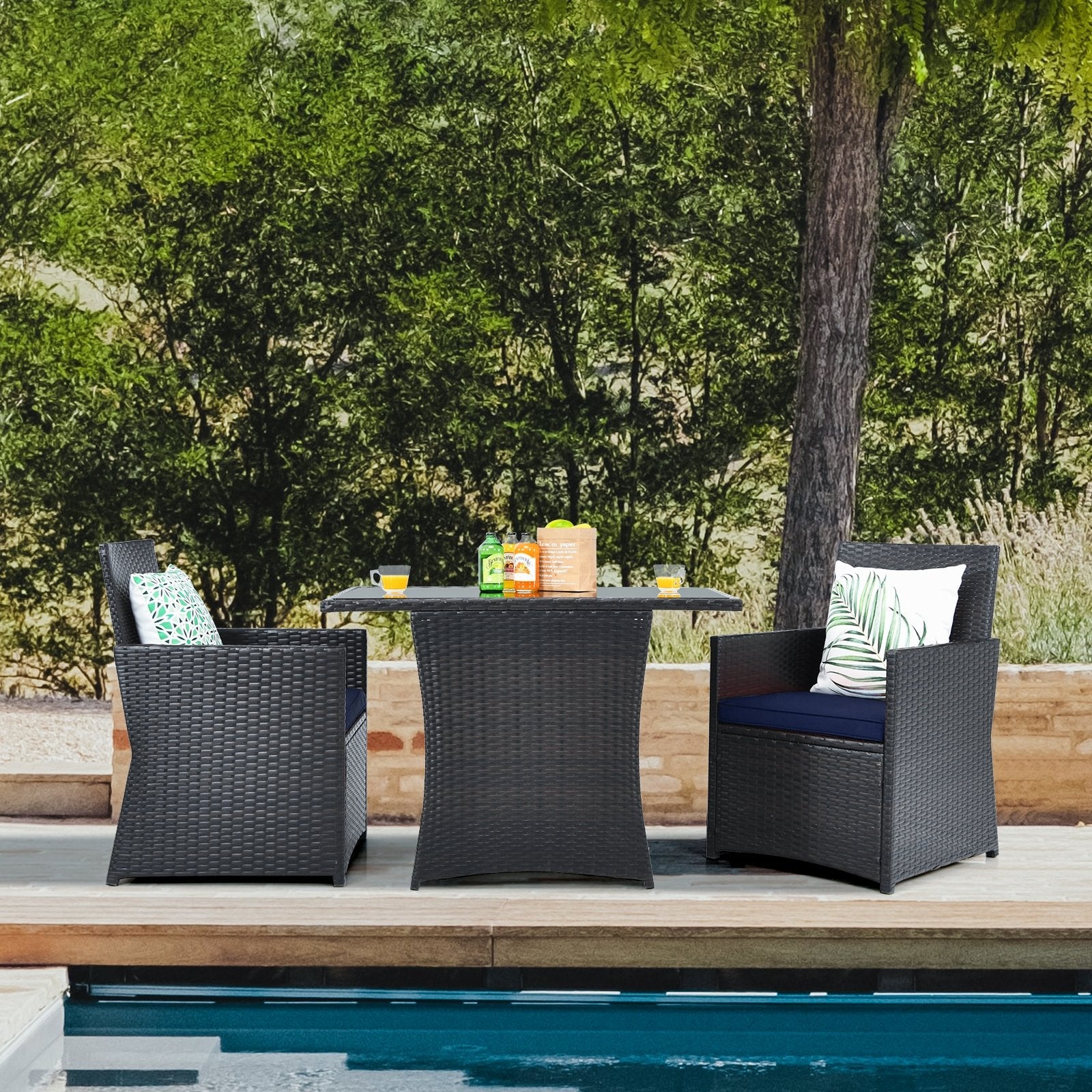 3 Pieces Patio Rattan Furniture Set with Cushion and Sofa Armrest, Navy Patio Conversation Sets   at Gallery Canada