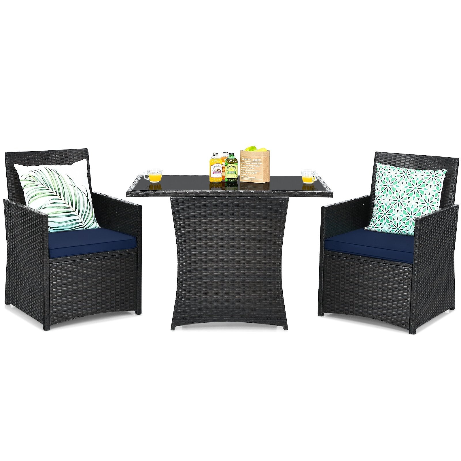 3 Pieces Patio Rattan Furniture Set with Cushion and Sofa Armrest, Navy Patio Conversation Sets   at Gallery Canada