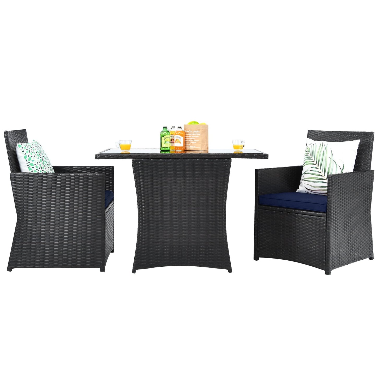 3 Pieces Patio Rattan Furniture Set with Cushion and Sofa Armrest, Navy Patio Conversation Sets   at Gallery Canada