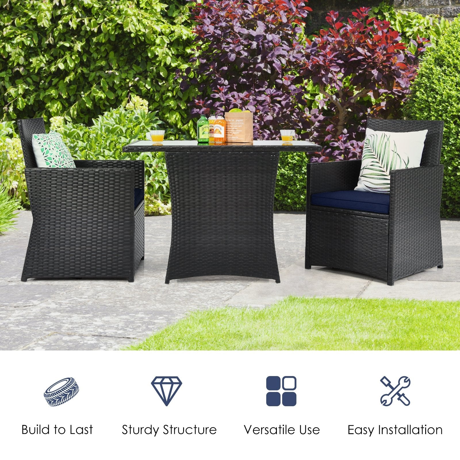 3 Pieces Patio Rattan Furniture Set with Cushion and Sofa Armrest, Navy Patio Conversation Sets   at Gallery Canada