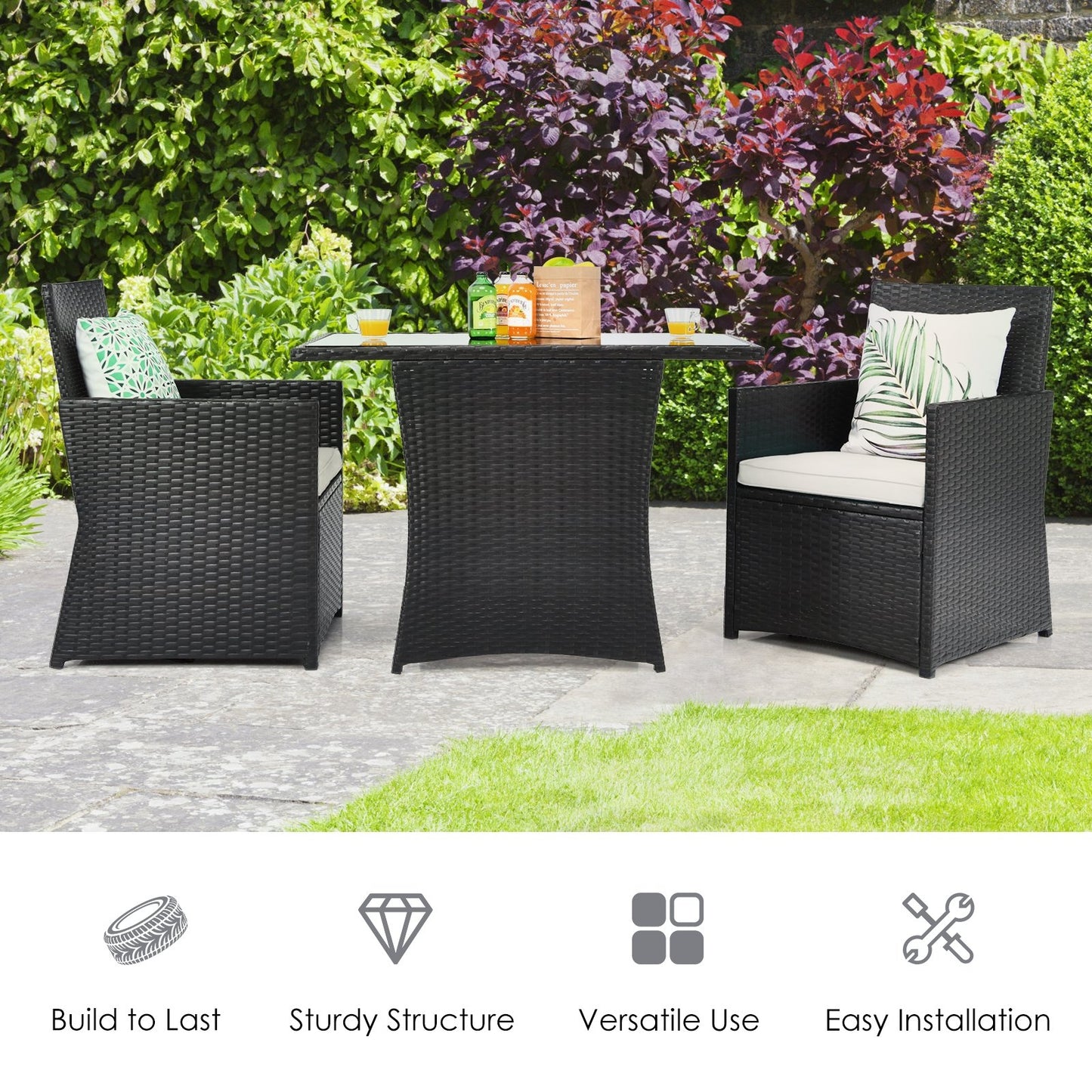 3 Pieces Patio Rattan Furniture Set with Cushion and Sofa Armrest, White Patio Conversation Sets   at Gallery Canada