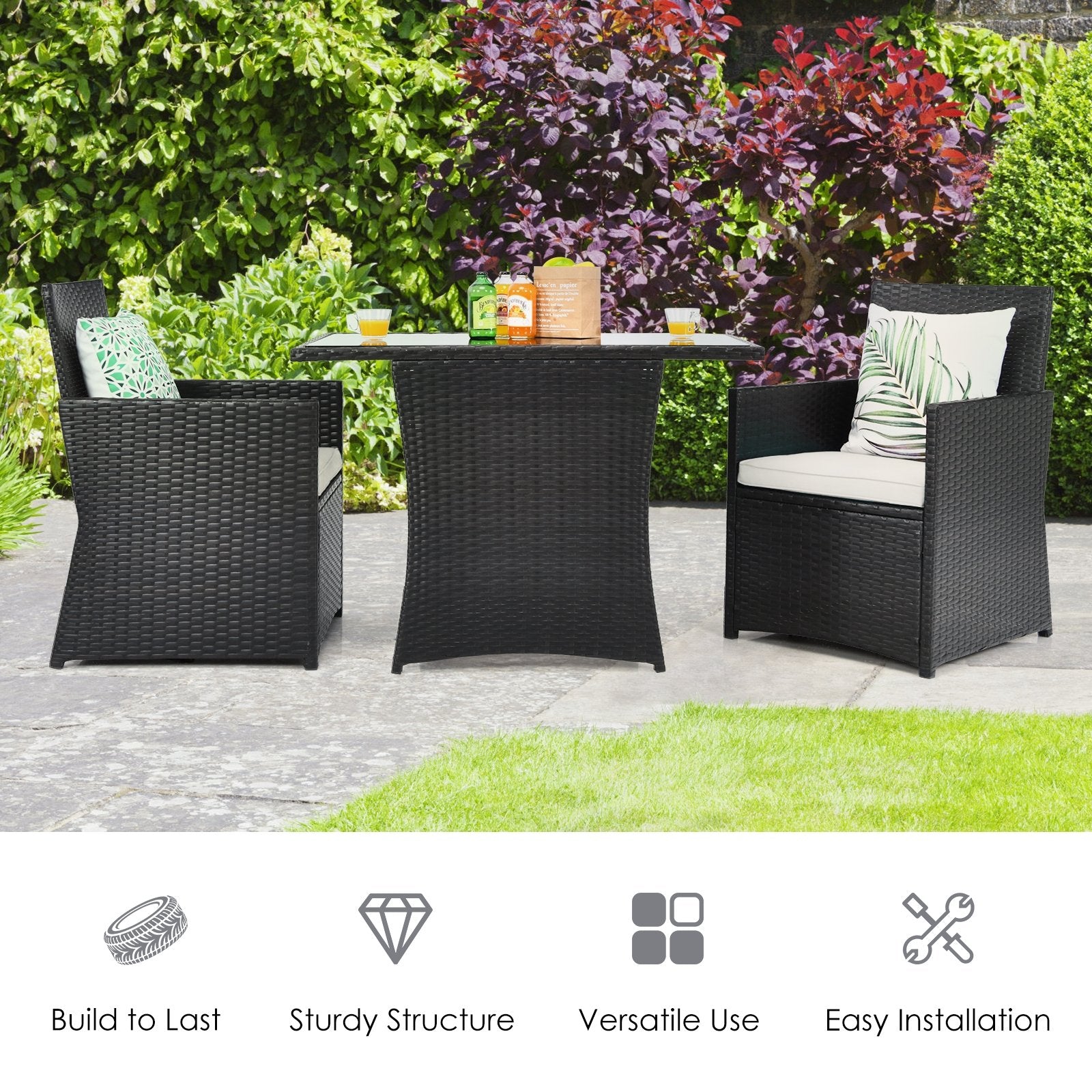 3 Pieces Patio Rattan Furniture Set with Cushion and Sofa Armrest, White Patio Conversation Sets   at Gallery Canada