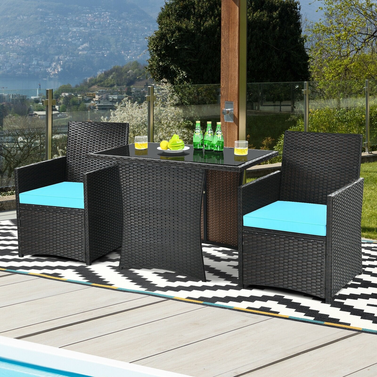 3 Pieces Patio Rattan Furniture Set with Cushion and Sofa Armrest, Turquoise Patio Conversation Sets   at Gallery Canada