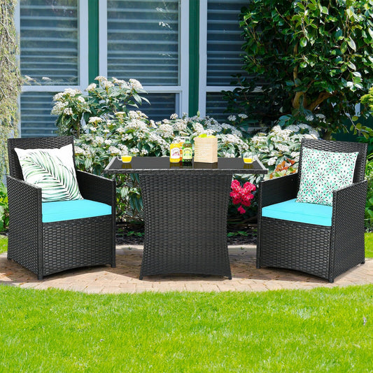 3 Pieces Patio Rattan Furniture Set with Cushion and Sofa Armrest, Turquoise Patio Conversation Sets   at Gallery Canada