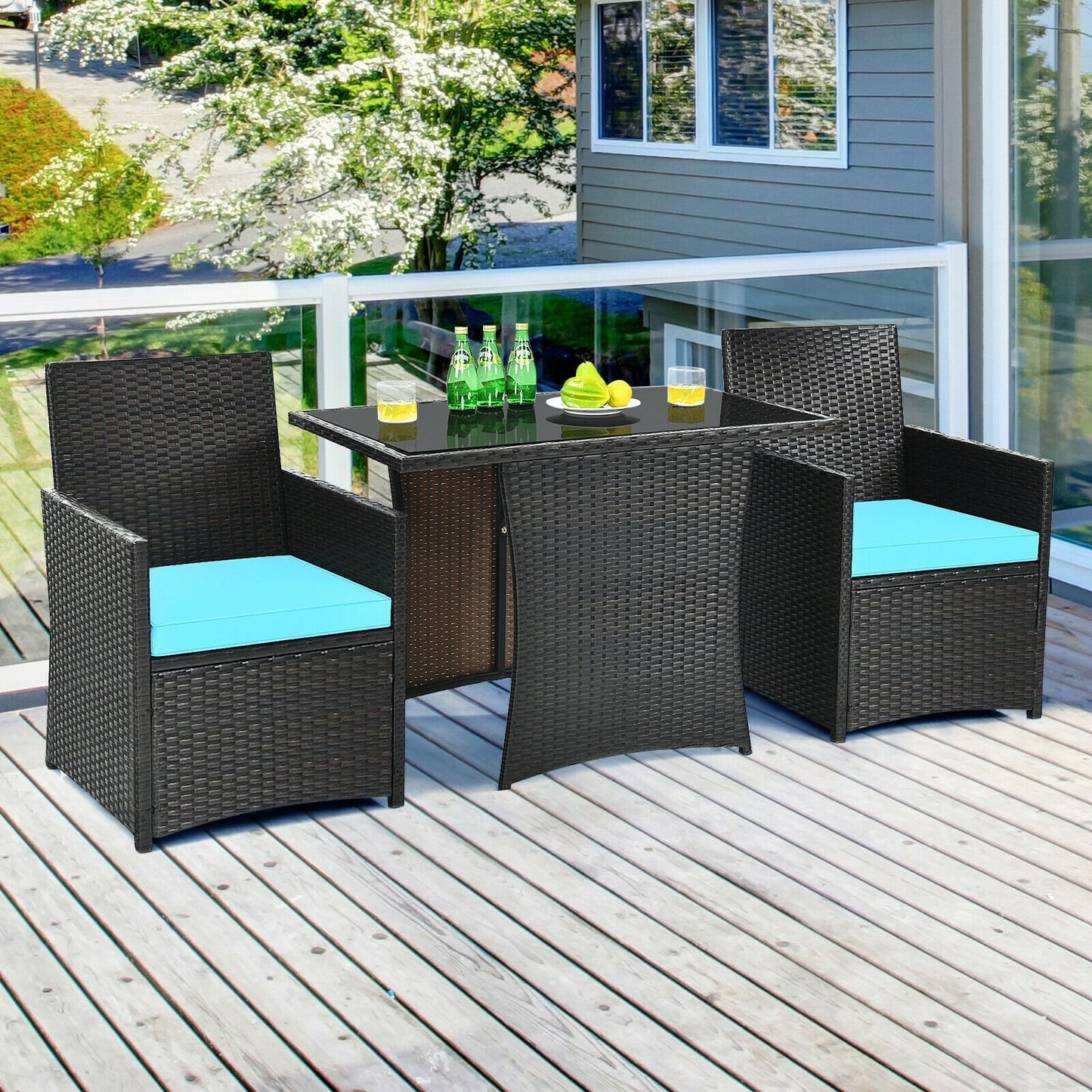 3 Pieces Patio Rattan Furniture Set with Cushion and Sofa Armrest, Turquoise Patio Conversation Sets   at Gallery Canada