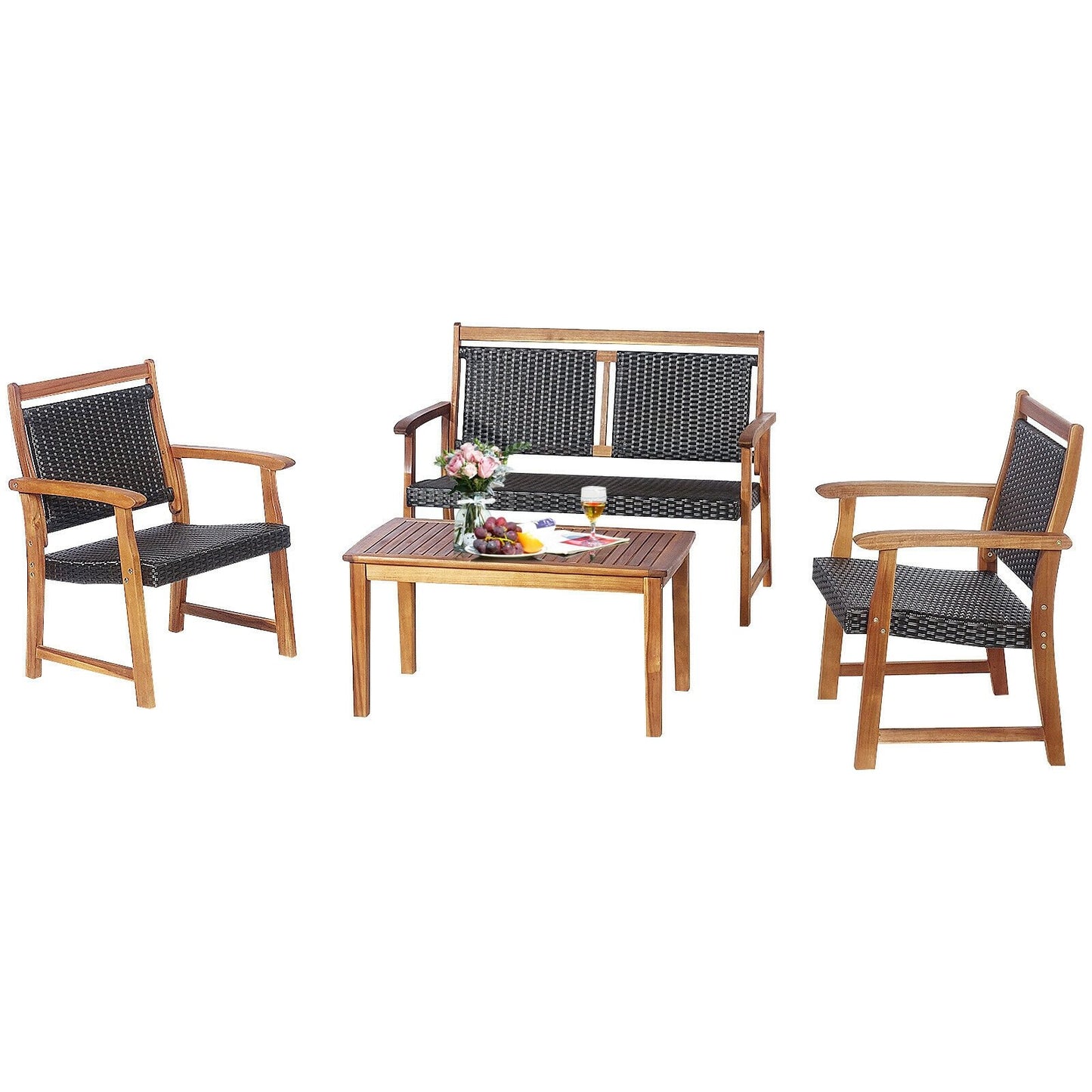 4 Pieces Outdoor Patio Rattan Furniture Sofa Set with Acacia Wood Frame, Brown Patio Conversation Sets   at Gallery Canada