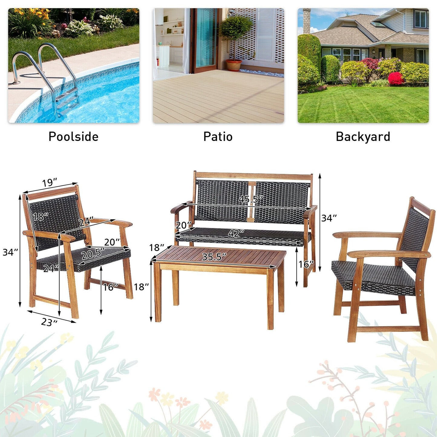 4 Pieces Outdoor Patio Rattan Furniture Sofa Set with Acacia Wood Frame, Brown Patio Conversation Sets   at Gallery Canada