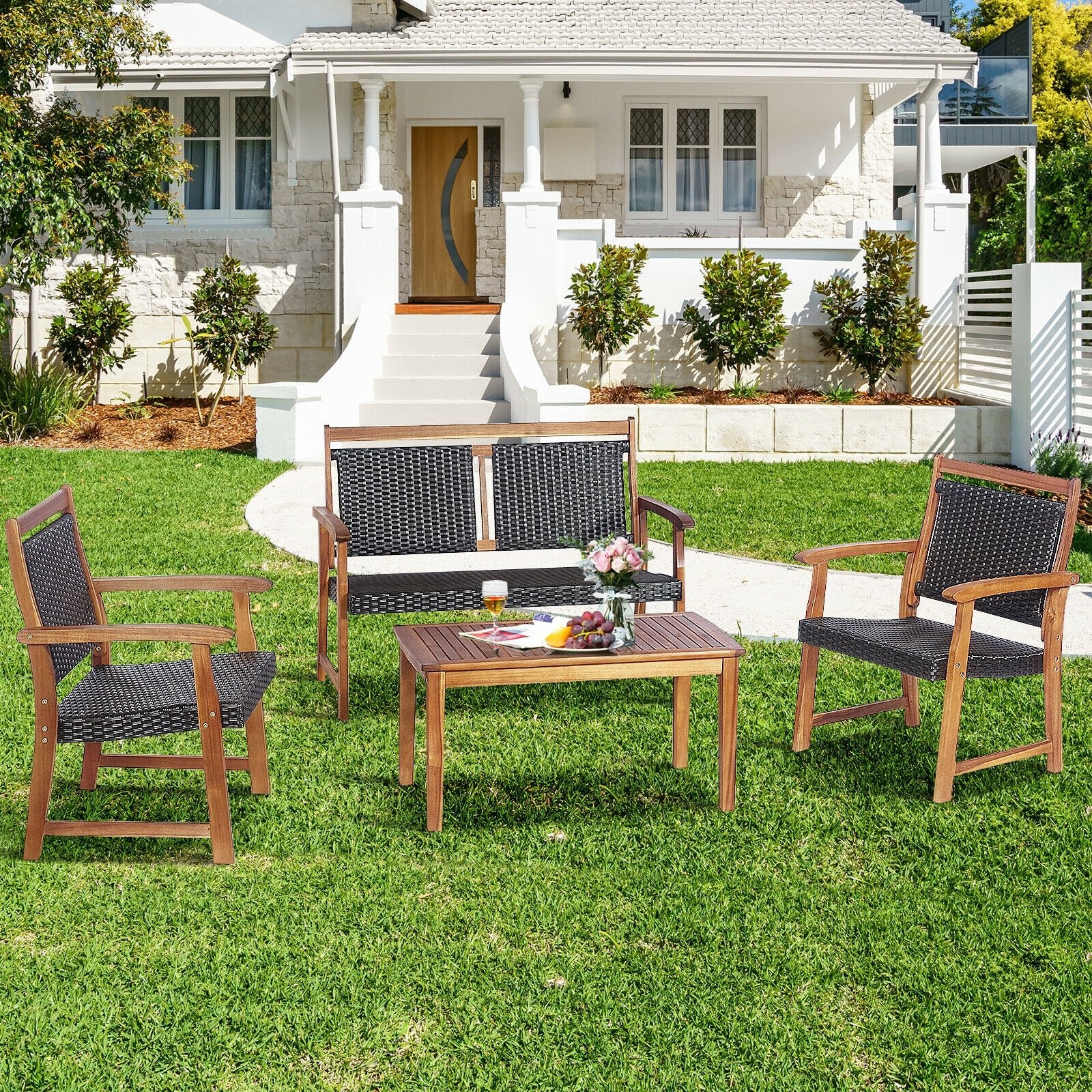 4 Pieces Outdoor Patio Rattan Furniture Sofa Set with Acacia Wood Frame, Brown Patio Conversation Sets   at Gallery Canada