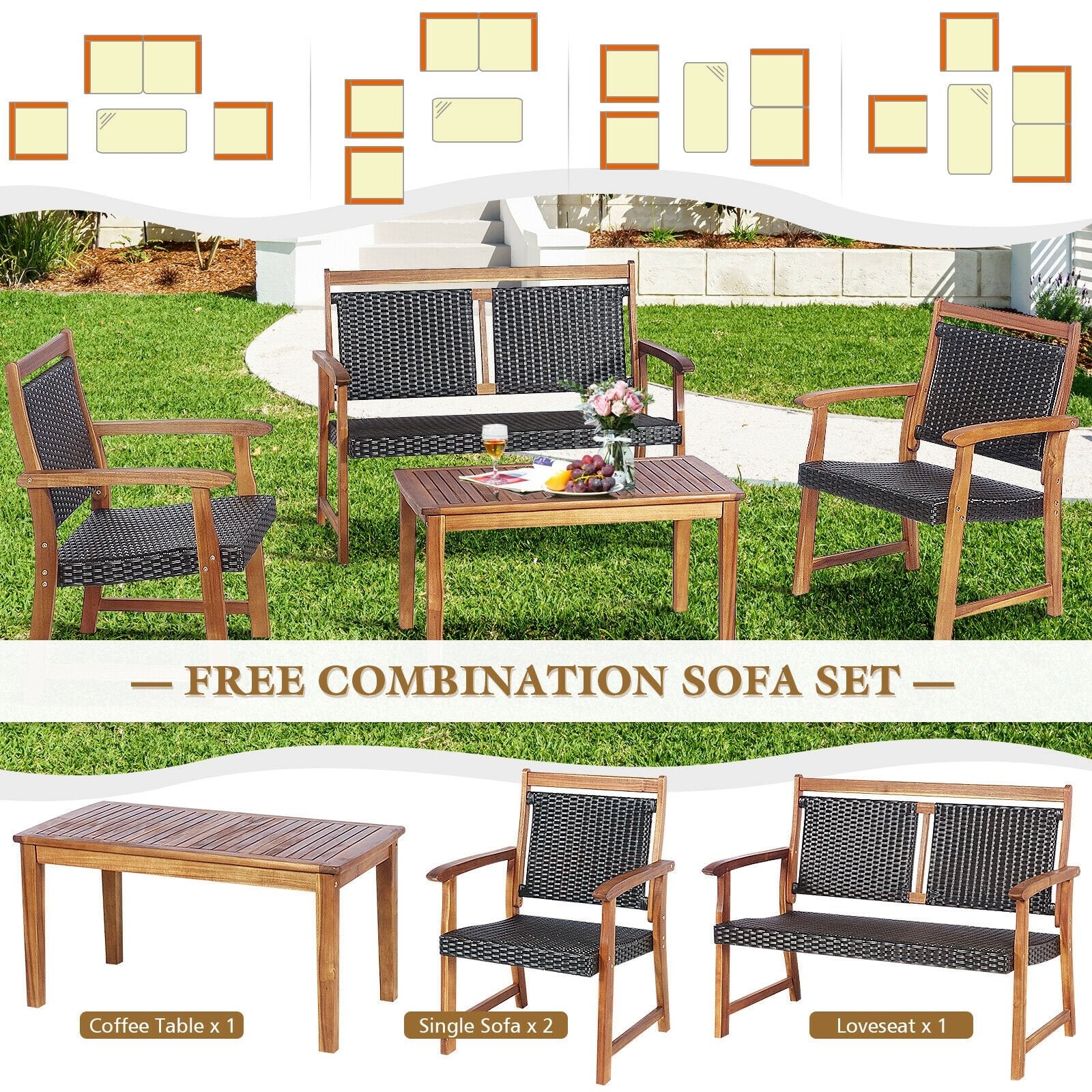 4 Pieces Outdoor Patio Rattan Furniture Sofa Set with Acacia Wood Frame, Brown Patio Conversation Sets   at Gallery Canada