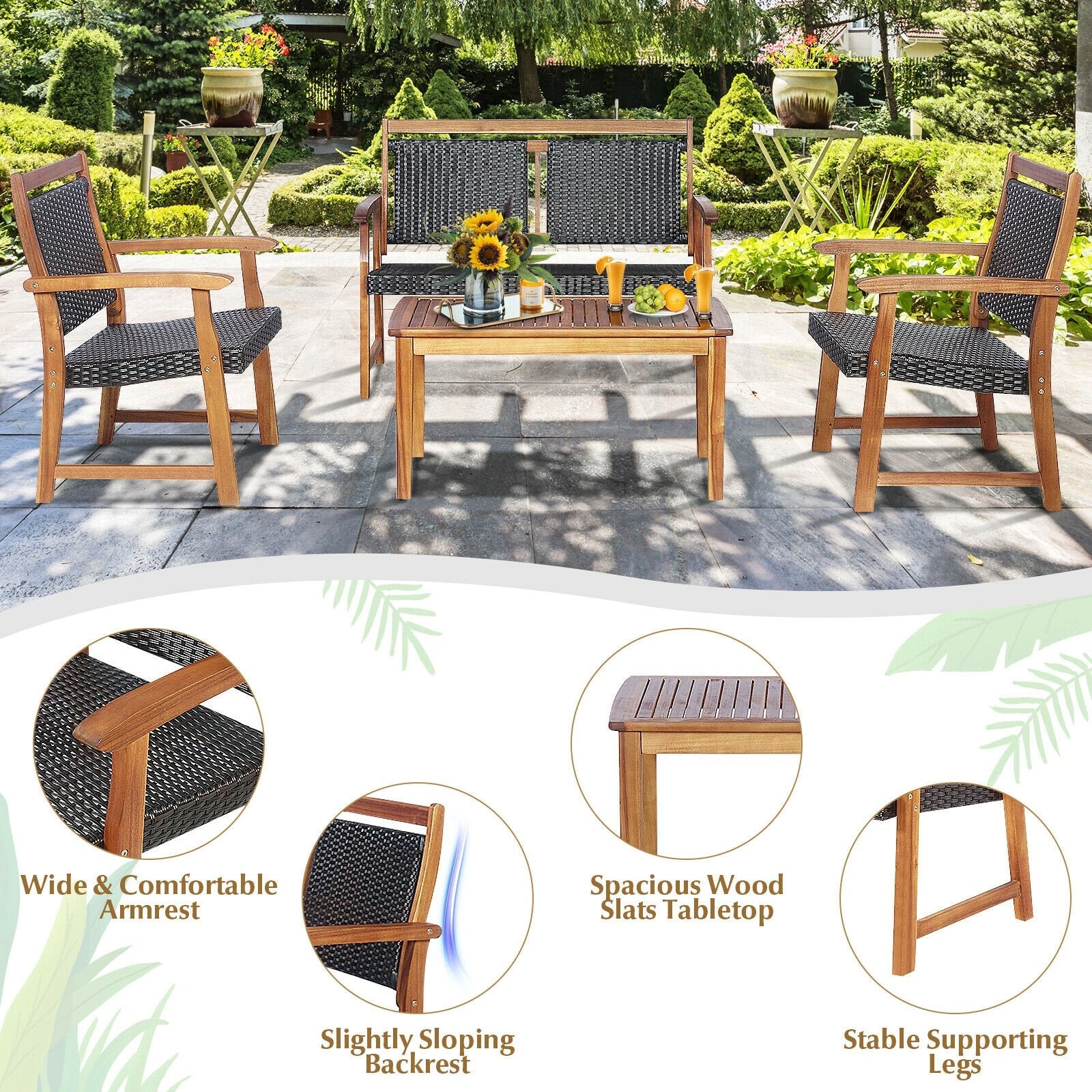 4 Pieces Outdoor Patio Rattan Furniture Sofa Set with Acacia Wood Frame, Brown Patio Conversation Sets   at Gallery Canada