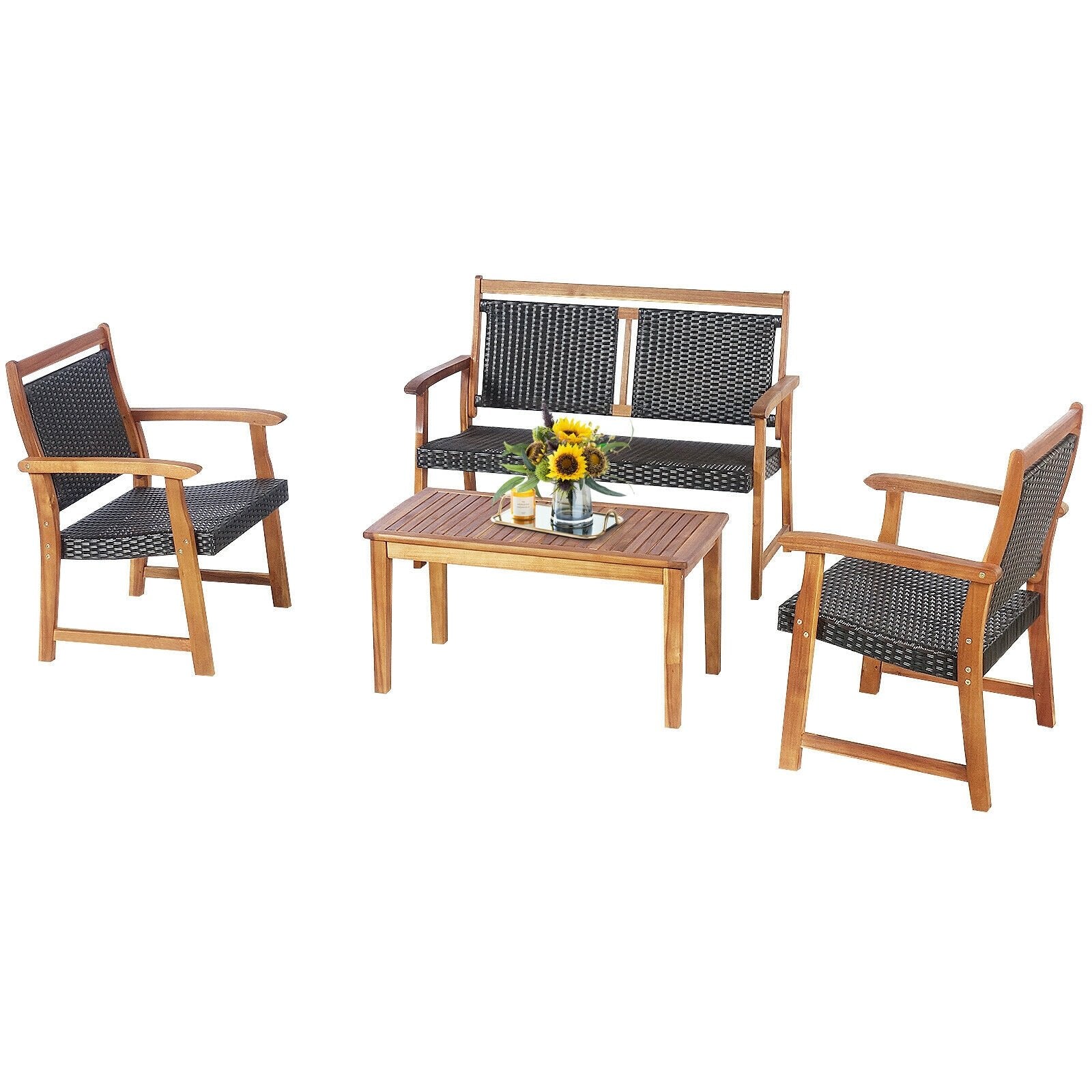 4 Pieces Outdoor Patio Rattan Furniture Sofa Set with Acacia Wood Frame, Brown Patio Conversation Sets   at Gallery Canada