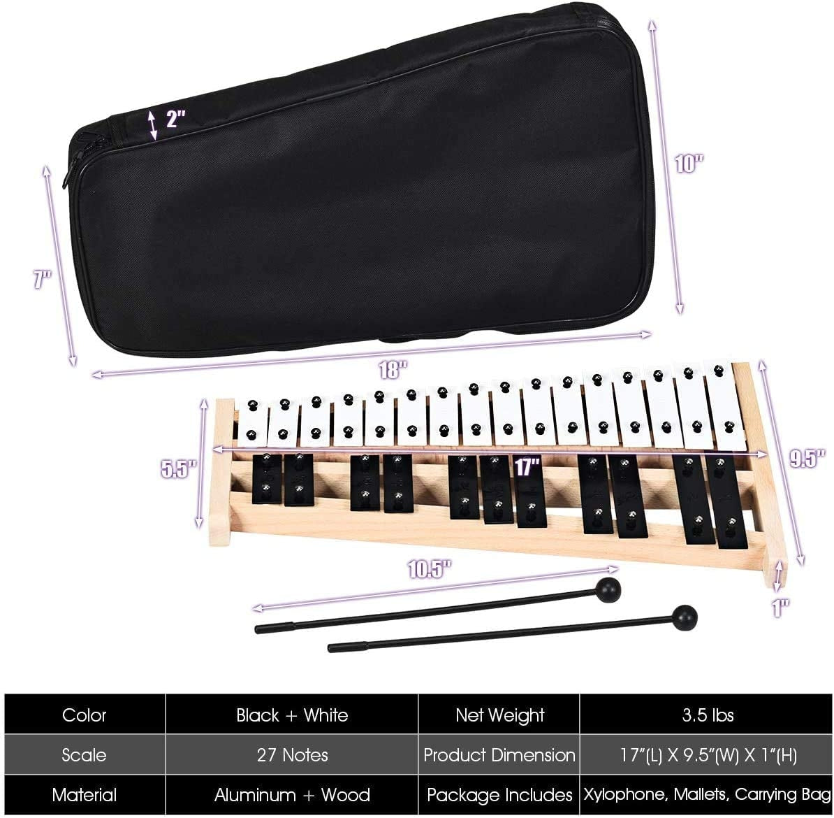 27 Note Glockenspiel Xylophone with 2 Rubber Mallets, Black & White Drums & Percussion at Gallery Canada
