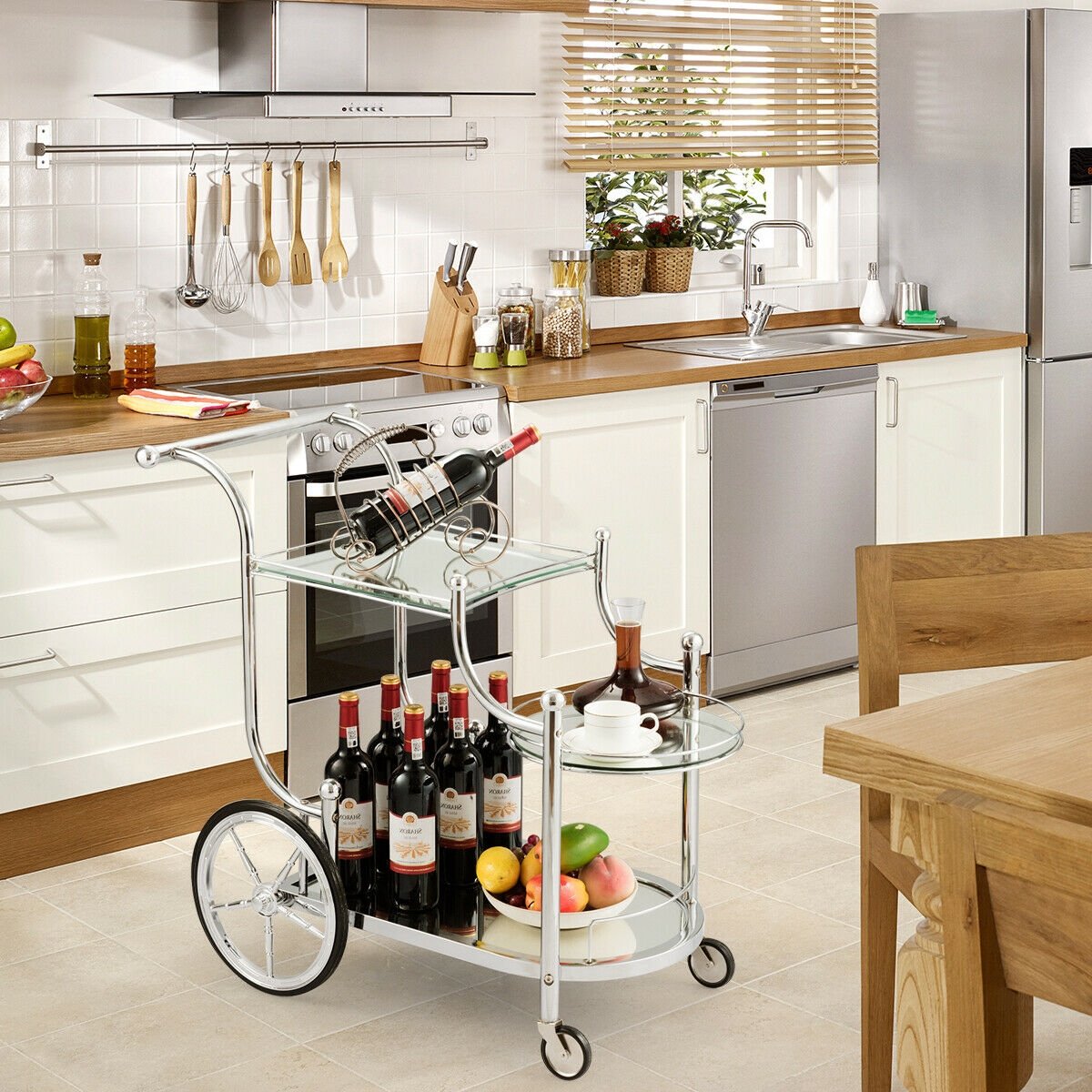 Kitchen Rolling Bar Cart with Tempered Glass Suitable for Restaurant and Hotel, White Kitchen Islands & Carts   at Gallery Canada