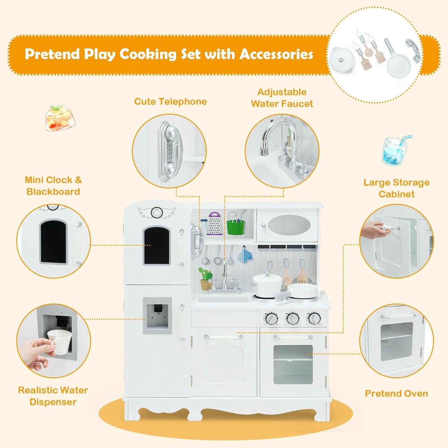 Kitchen Pretend Play Cookware Set Toys for Kids with Water Dispenser, White - Gallery Canada