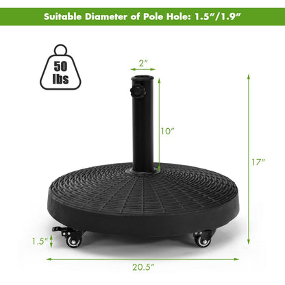 50 LBS Patio Wicker Style Resin Umbrella Base Stand Heavy Duty with Wheels, Black - Gallery Canada
