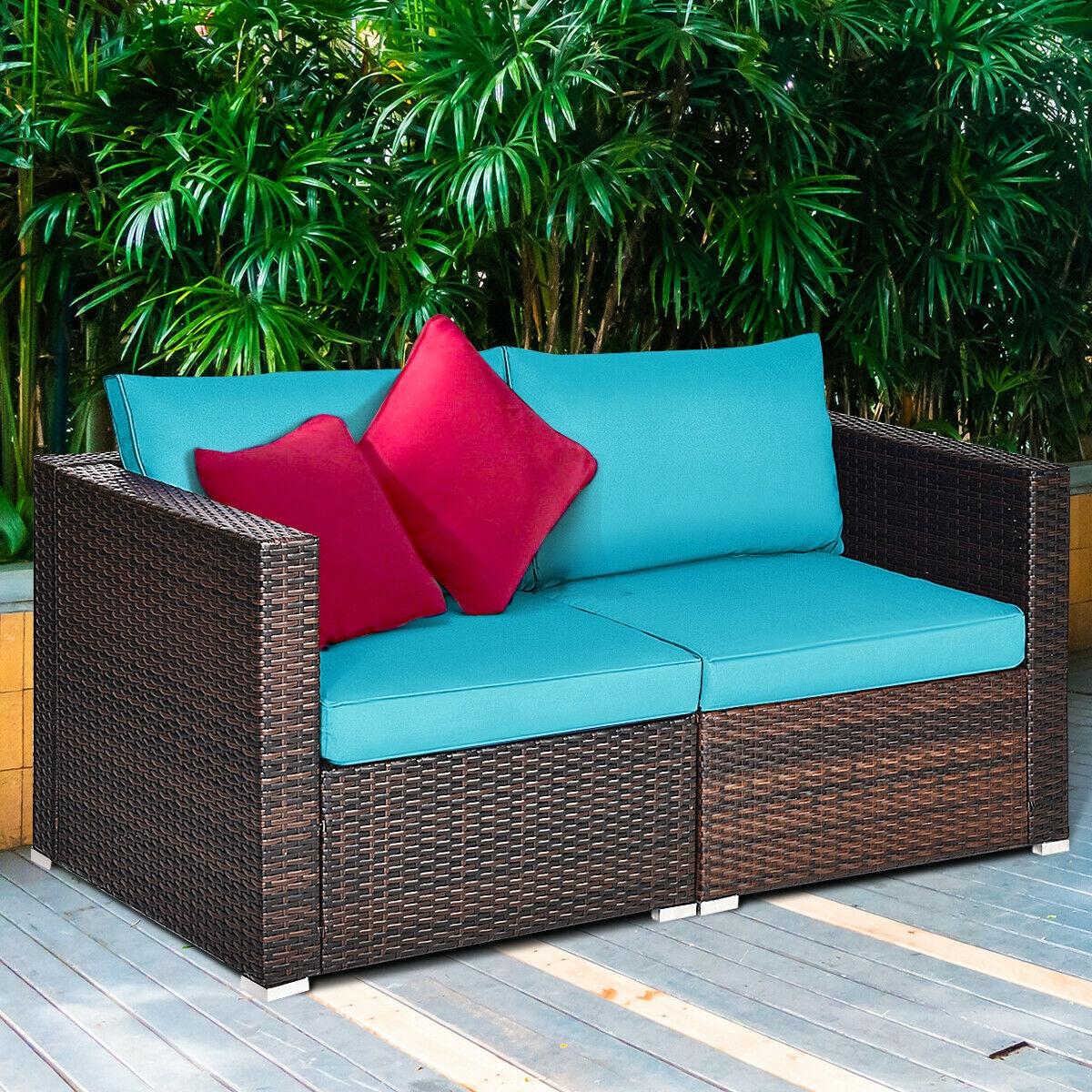 2PCS Patio Rattan Sectional Conversation Sofa Set, Blue Outdoor Sectionals   at Gallery Canada