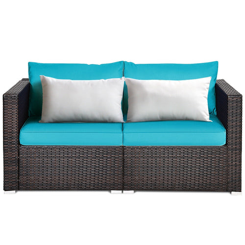 2PCS Patio Rattan Sectional Conversation Sofa Set, Blue