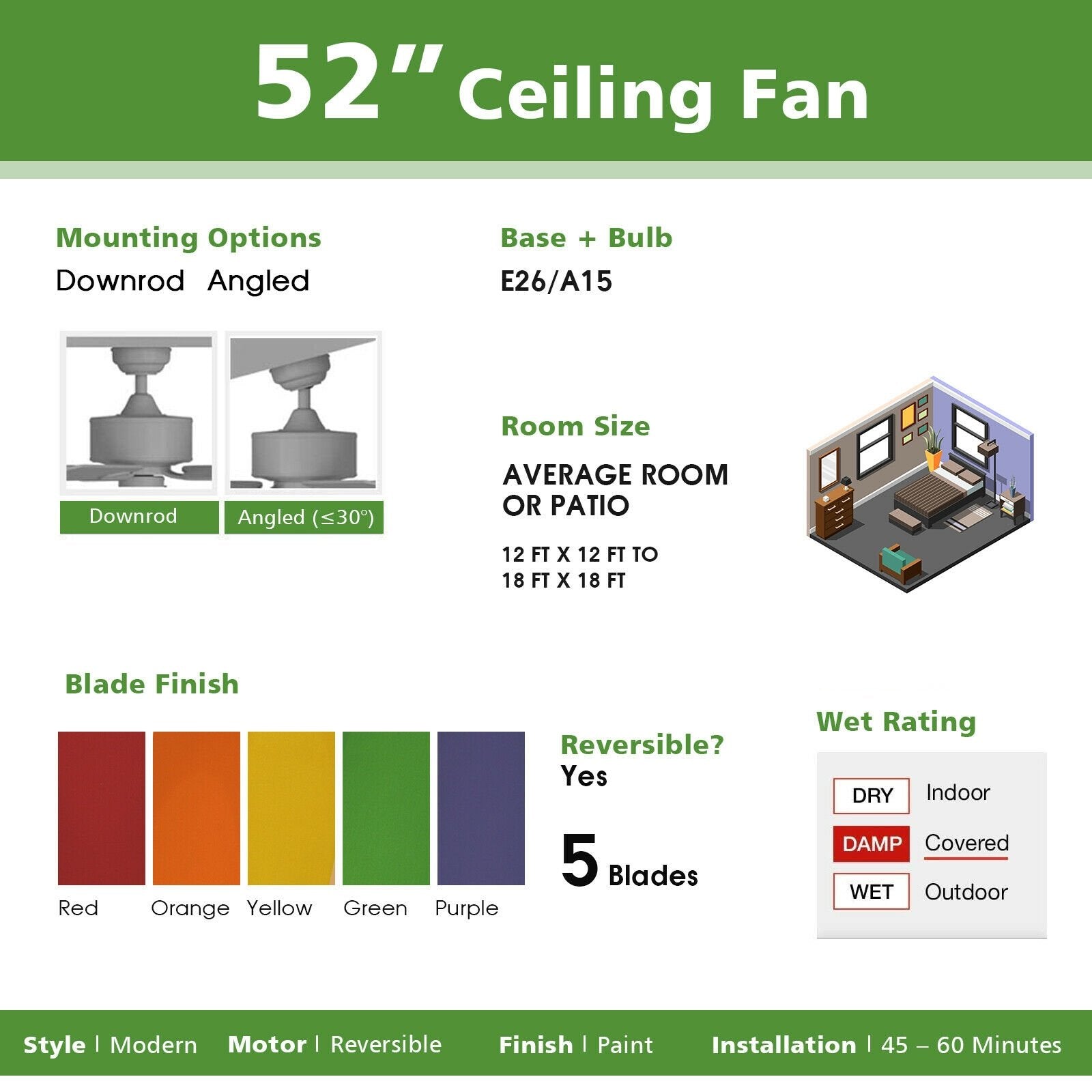 52 Inch Kids Ceiling Fan with Pull Chain Control, Multicolor Ceiling Fans   at Gallery Canada