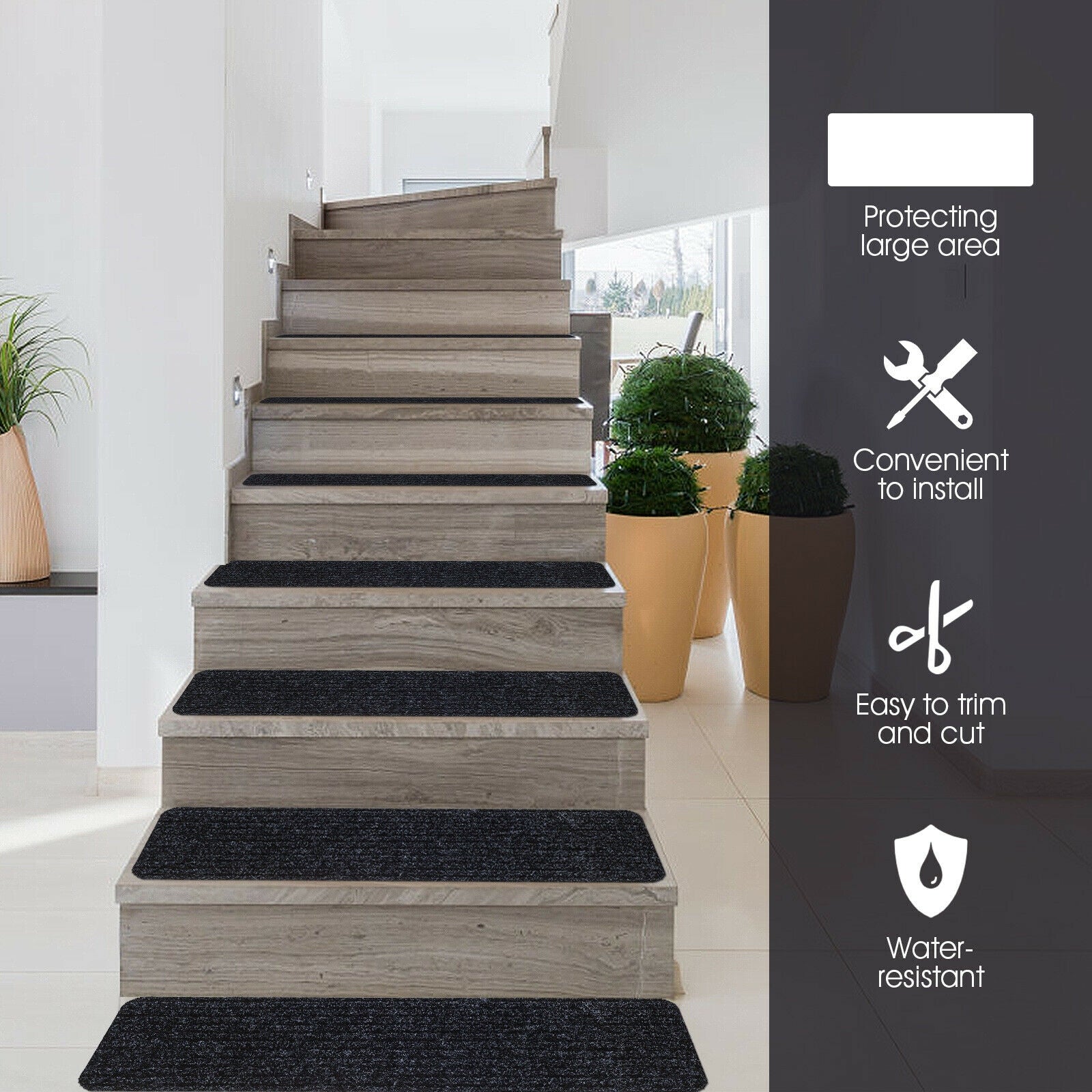15 Pieces 30 x 8 Inch Slip Resistant Soft Stair Treads Carpet, Black Rugs at Gallery Canada